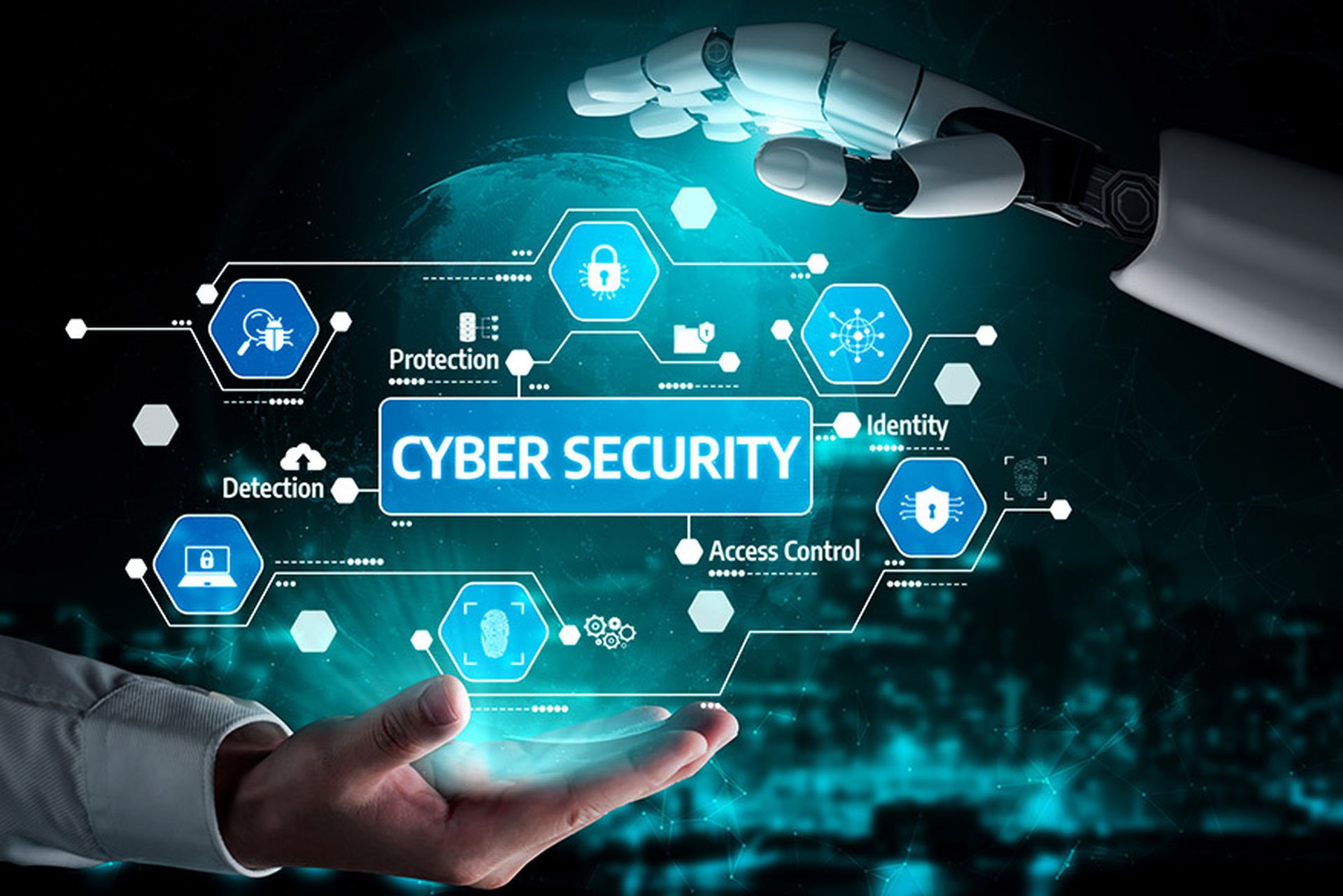 Explore the realm of cyber security with advanced technology concepts focusing on protection, detection, and identity verification, enhanced by robotics and innovation.