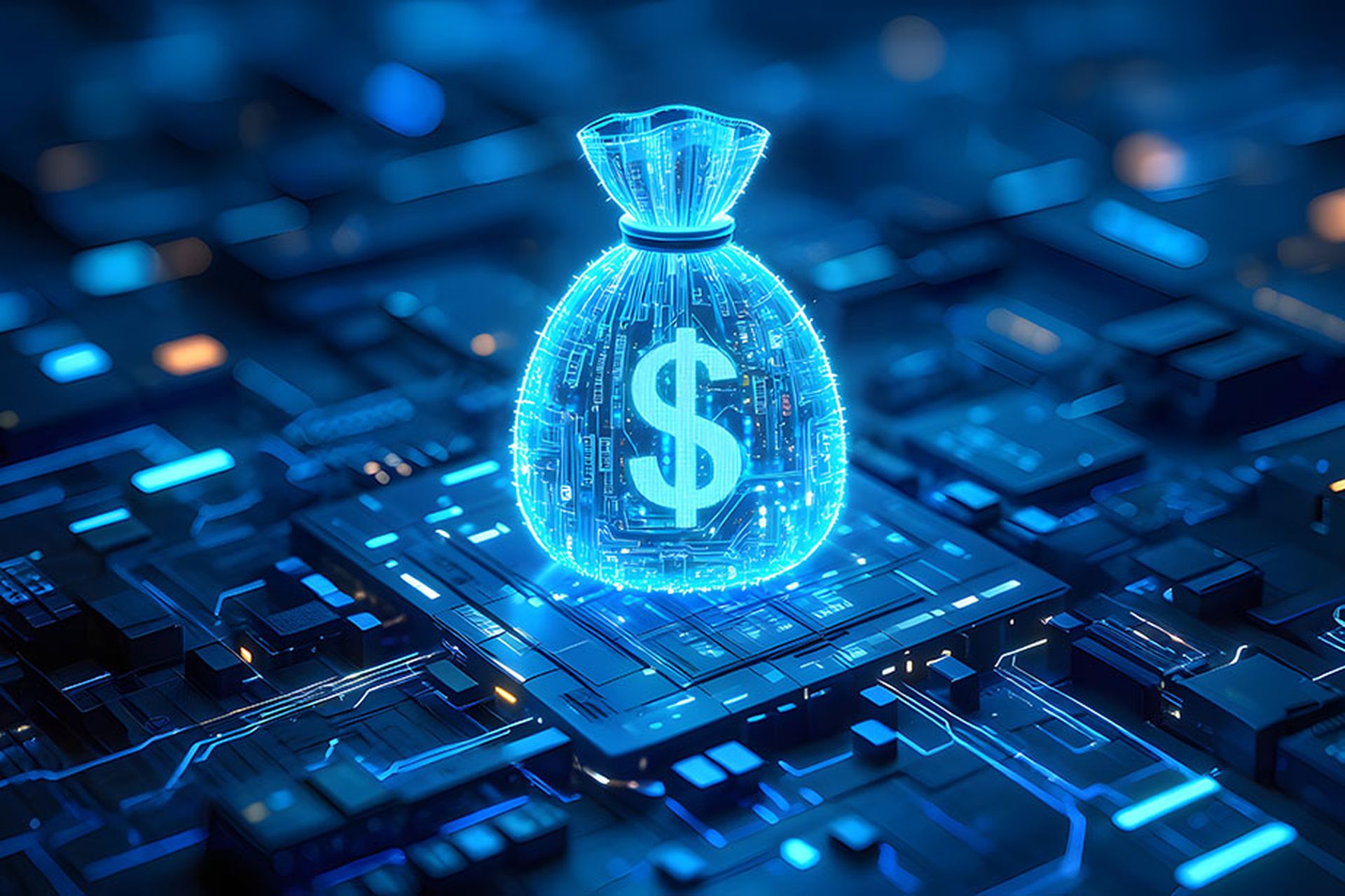 Digital currency concept Glowing dollar sign money bag on circuit board