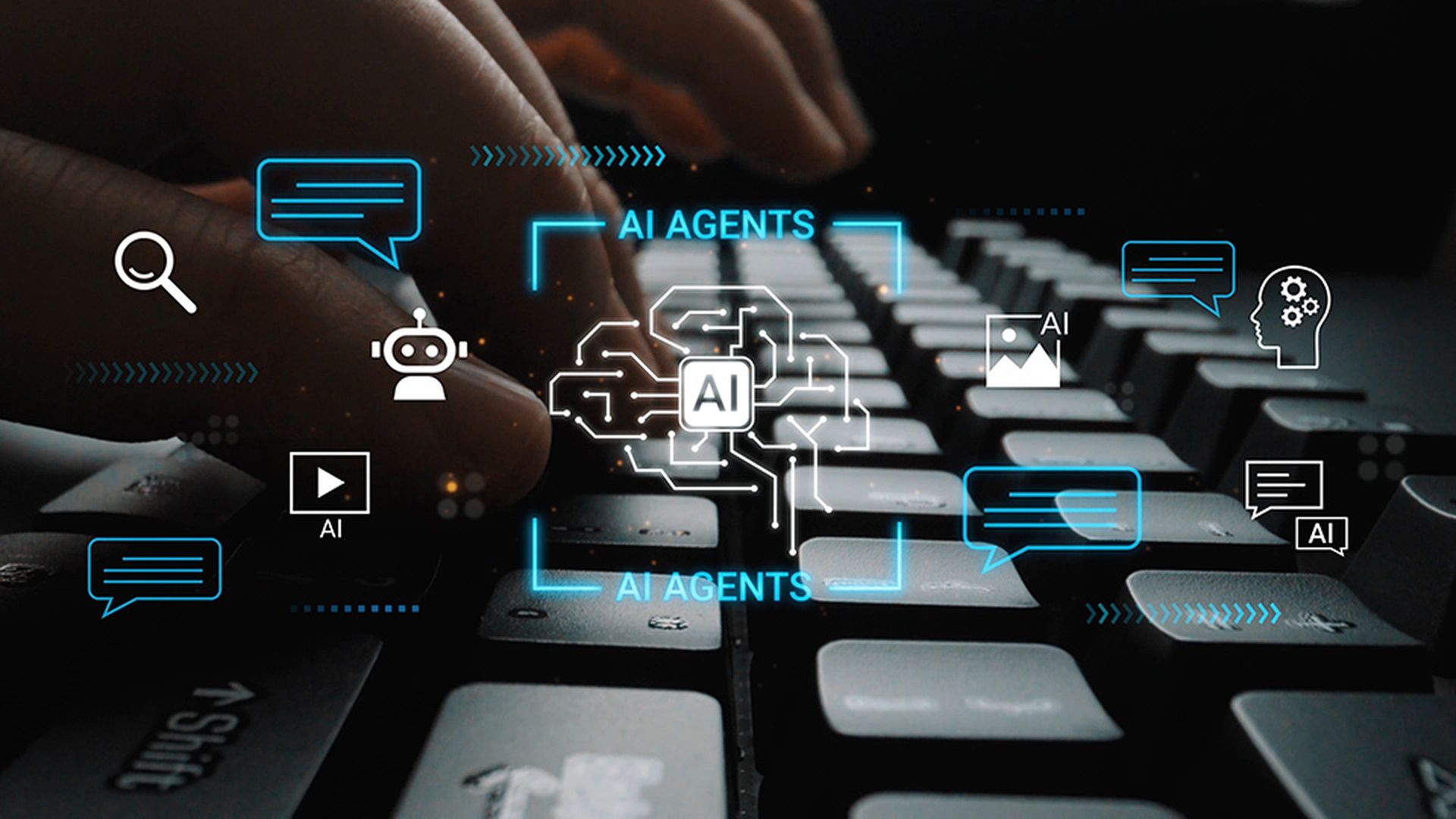 Close-up of Hands Typing on Keyboard with AI Graphics and Symbols Representing Technology, Innovation, and Digital Communication