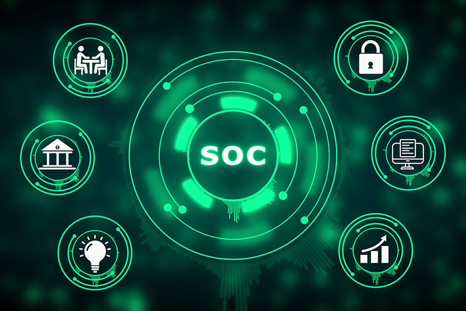 Central hub with SOC acronym surrounded by circular representing security operations center business processes and threat detection on a dark blurred background Keywords: SOC, security