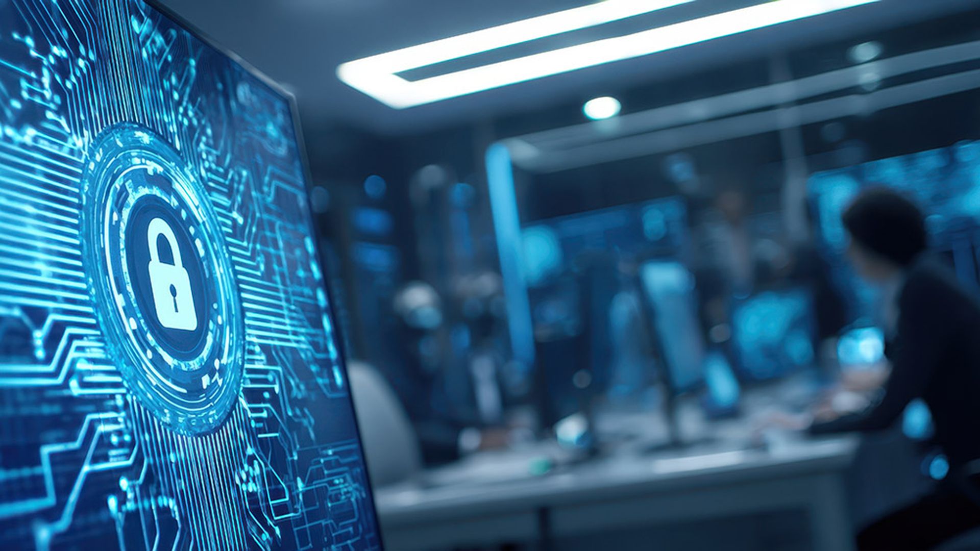 The padlock icon representing cybersecurity on a digital screen in control room