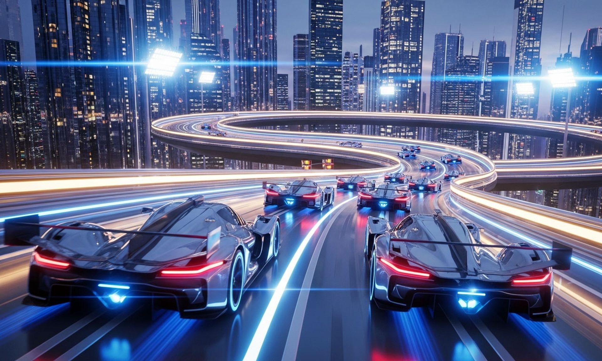 Hypermodern race cars driving counterclockwise around a futuristic track.