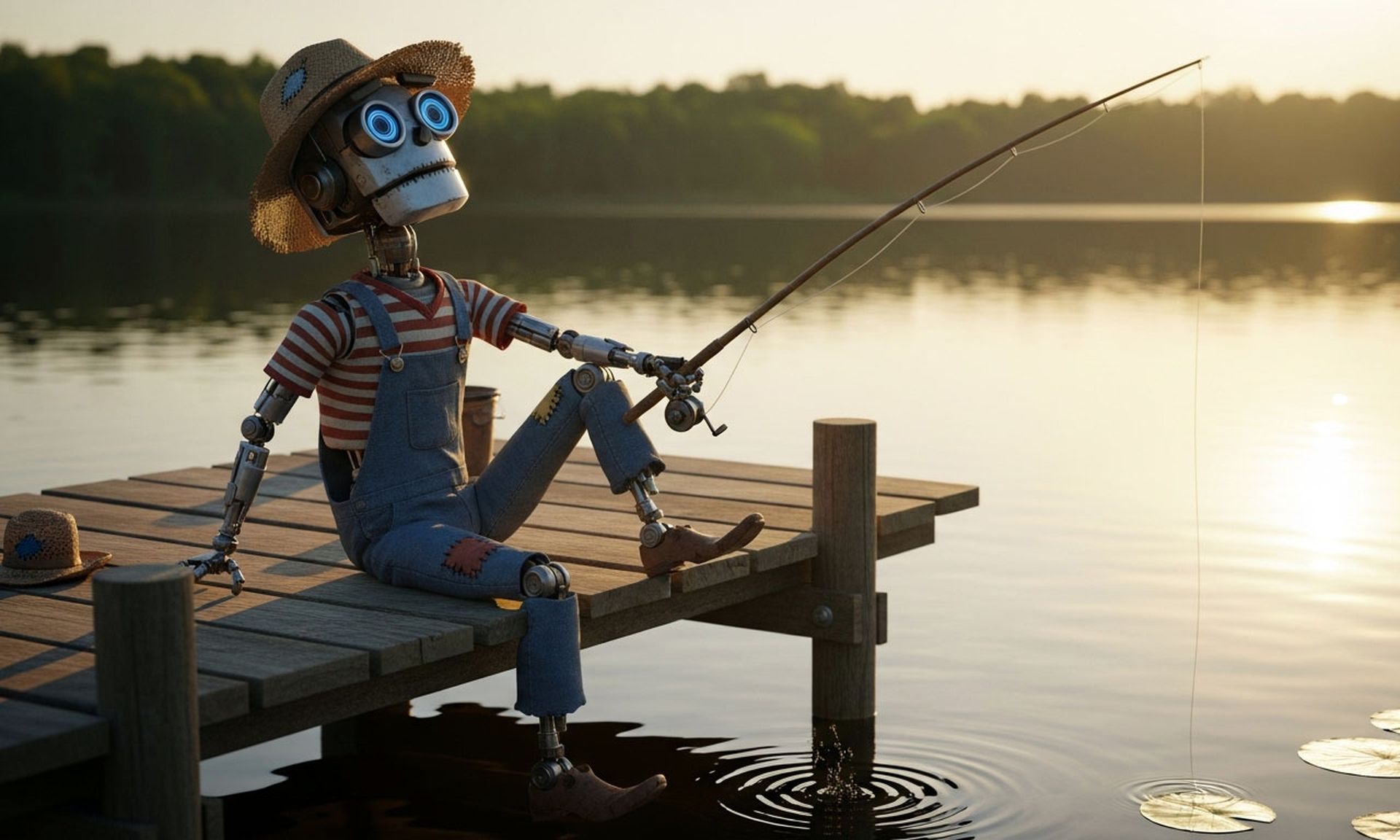 A robot dressed like Huckleberry Finn lazily fishing off a lakeside dock.