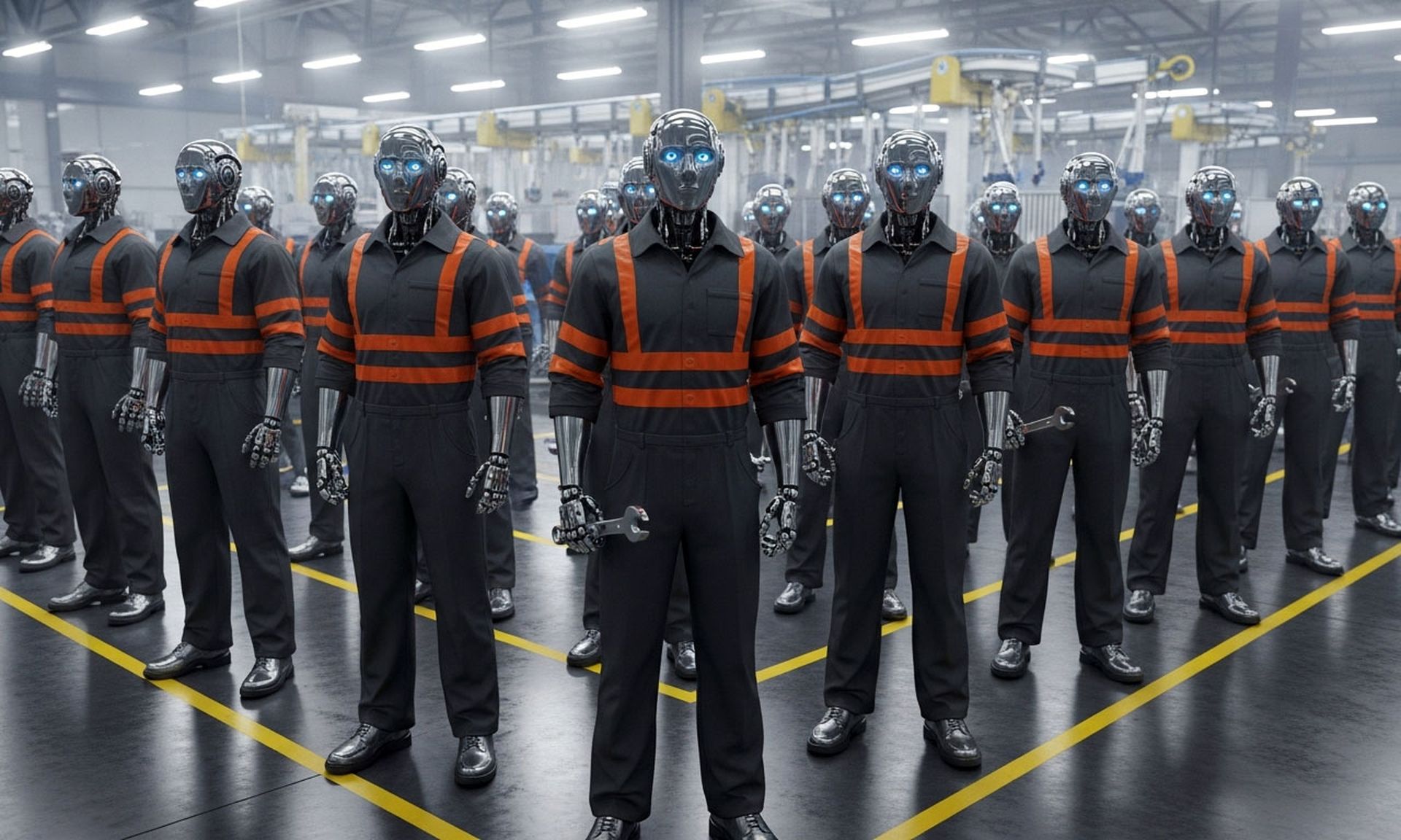 Robot workers in boiler suits standing in tidy formations on a factory floor.