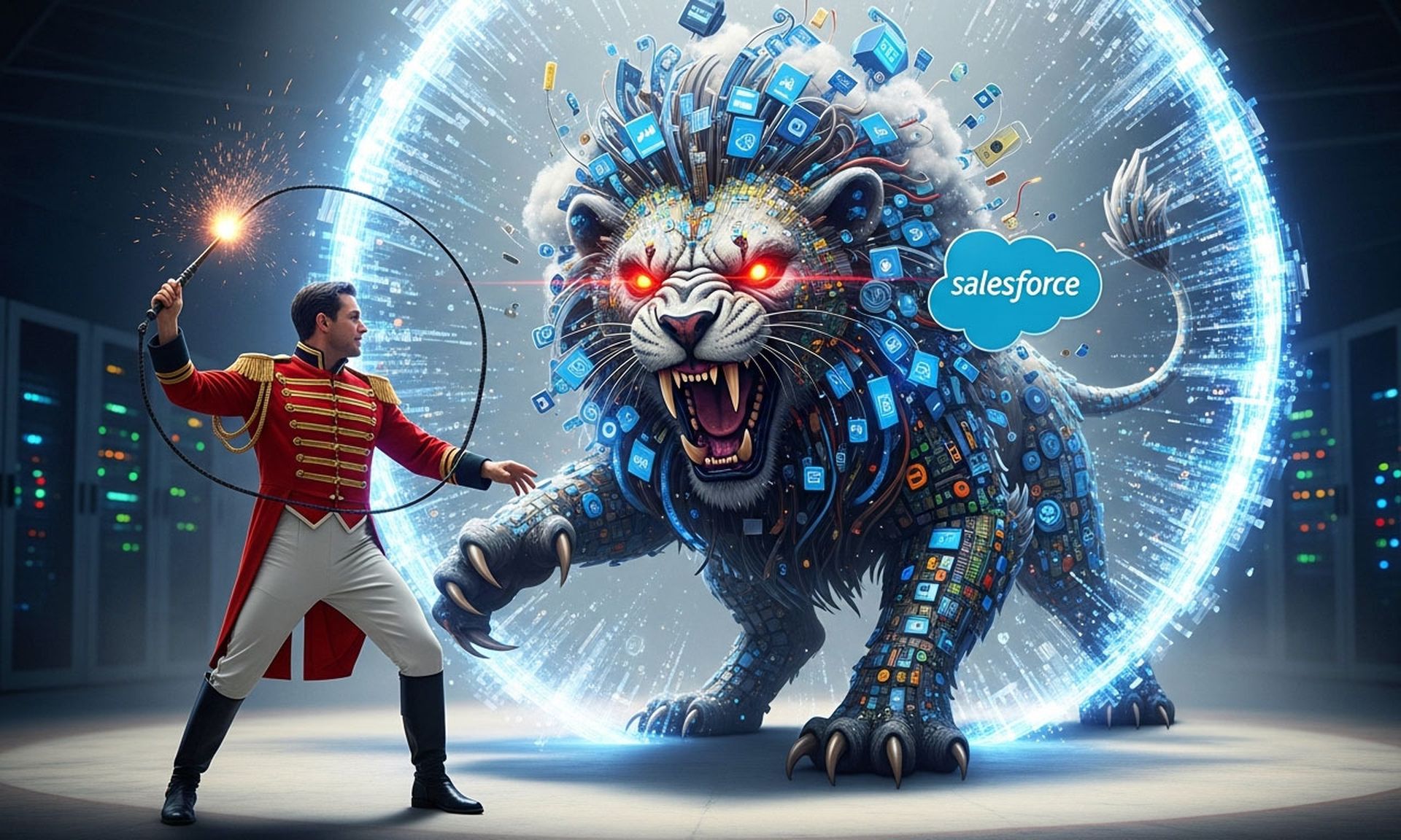 An IT staffer dressed as a circus lion tamer with a whip tames a savage beast representing a Salesforce instance.