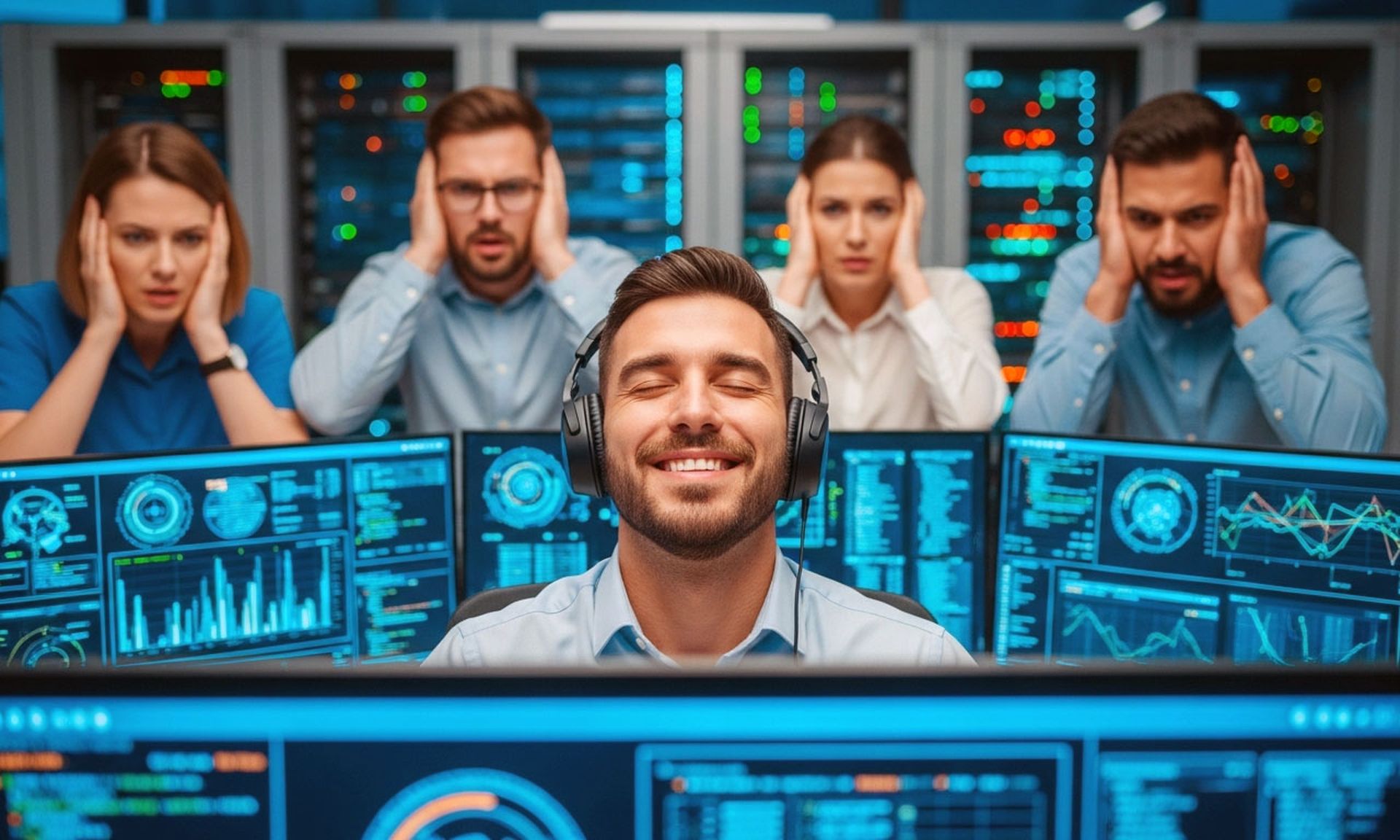 A happy cybersecurity team member wearing headphones smiles blissfully with closed eyes while his fellow team members clap their hands over their ears to drown out the incessant background noise coming from the monitoring screens that surround them.