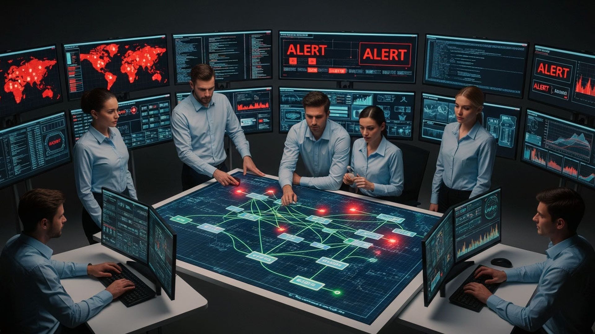 A cybersecurity incident-response team calmly looking over a map of their entire network as monitors flash alert warnings all around them.