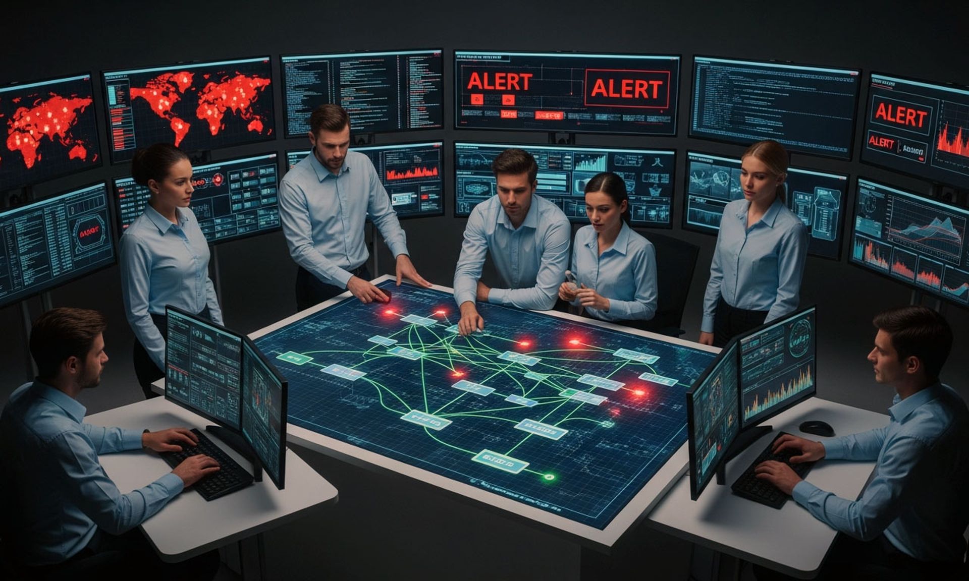 A cybersecurity incident-response team calmly looking over a map of their entire network as monitors flash alert warnings all around them.
