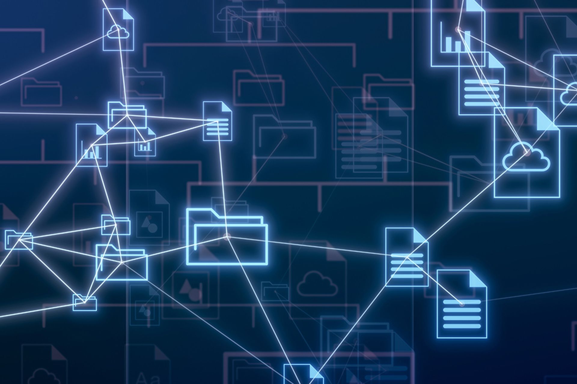 abstract network with clouds and different file and folder icons, sharing data, concept of cloud computing, document management system, global business, big data (3d render)