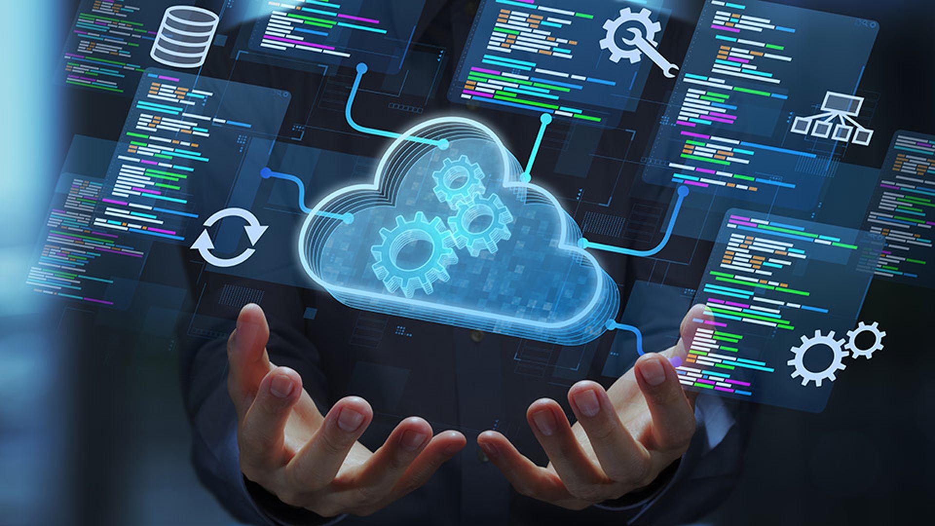 Cloud native development. Programmer developing applications for cloud computing. Cloud icon and source code illustrations.