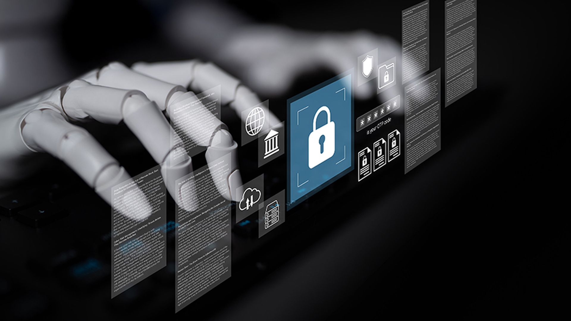 A robotic hand interacts with a keyboard amidst digital security icons, showcasing advancements in cyber security and the relationship between technology and safety.
