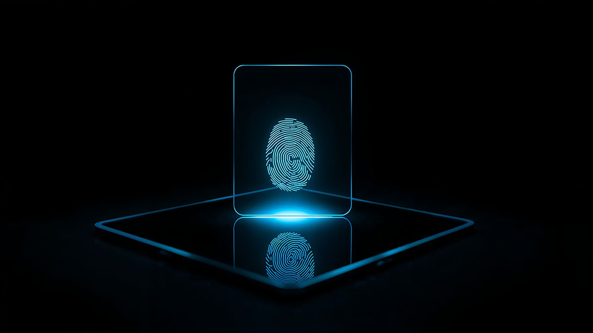 Glowing fingerprint on sleek glass screen under hacker-blue lighting, ultra-HD, dark gradient backdrop. Symbolic of digital access breach, perfect for cybersecurity visuals and tech articles.