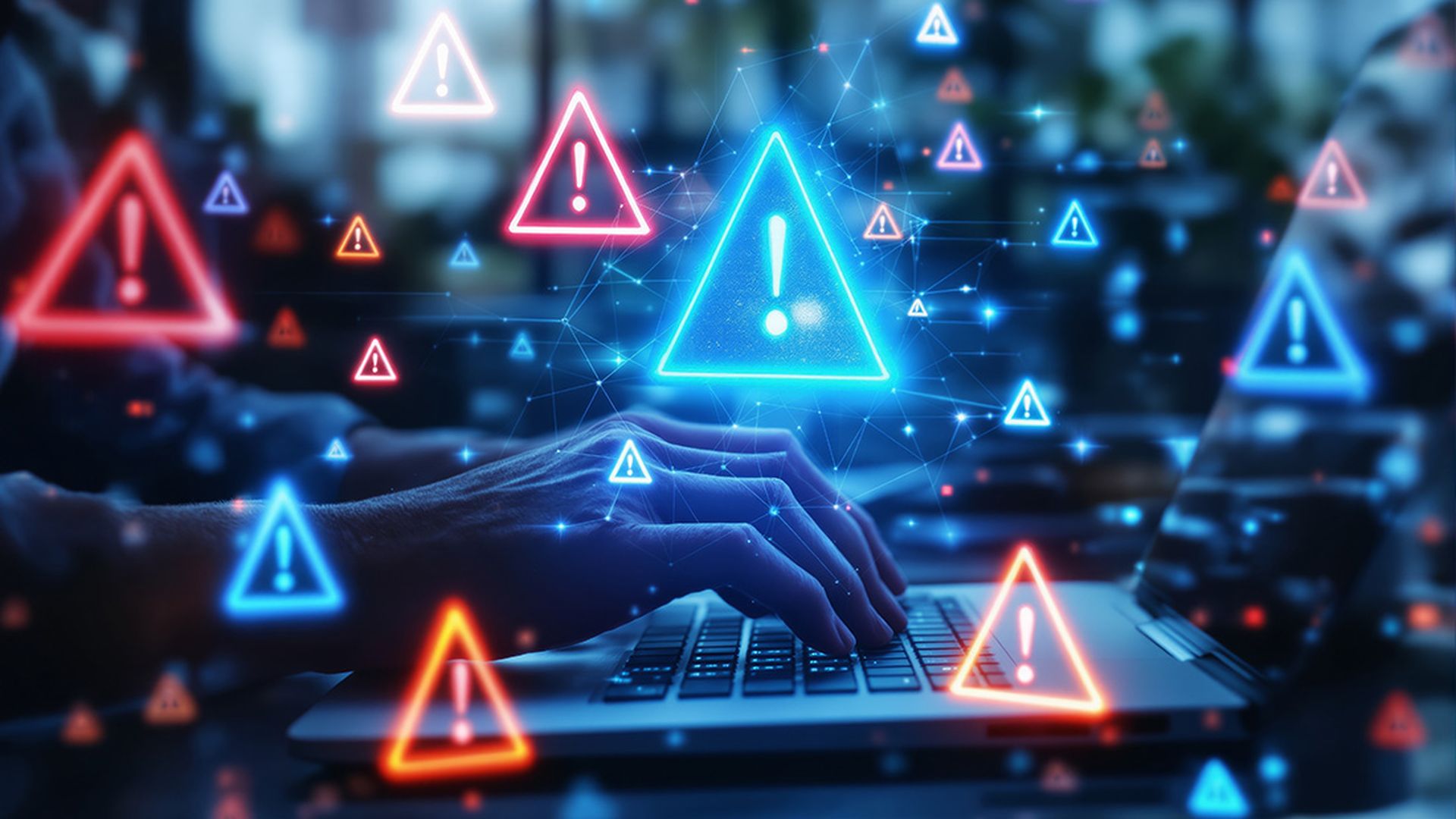 Cybersecurity threat concept with hands typing on laptop and warning symbols floating in digital space.