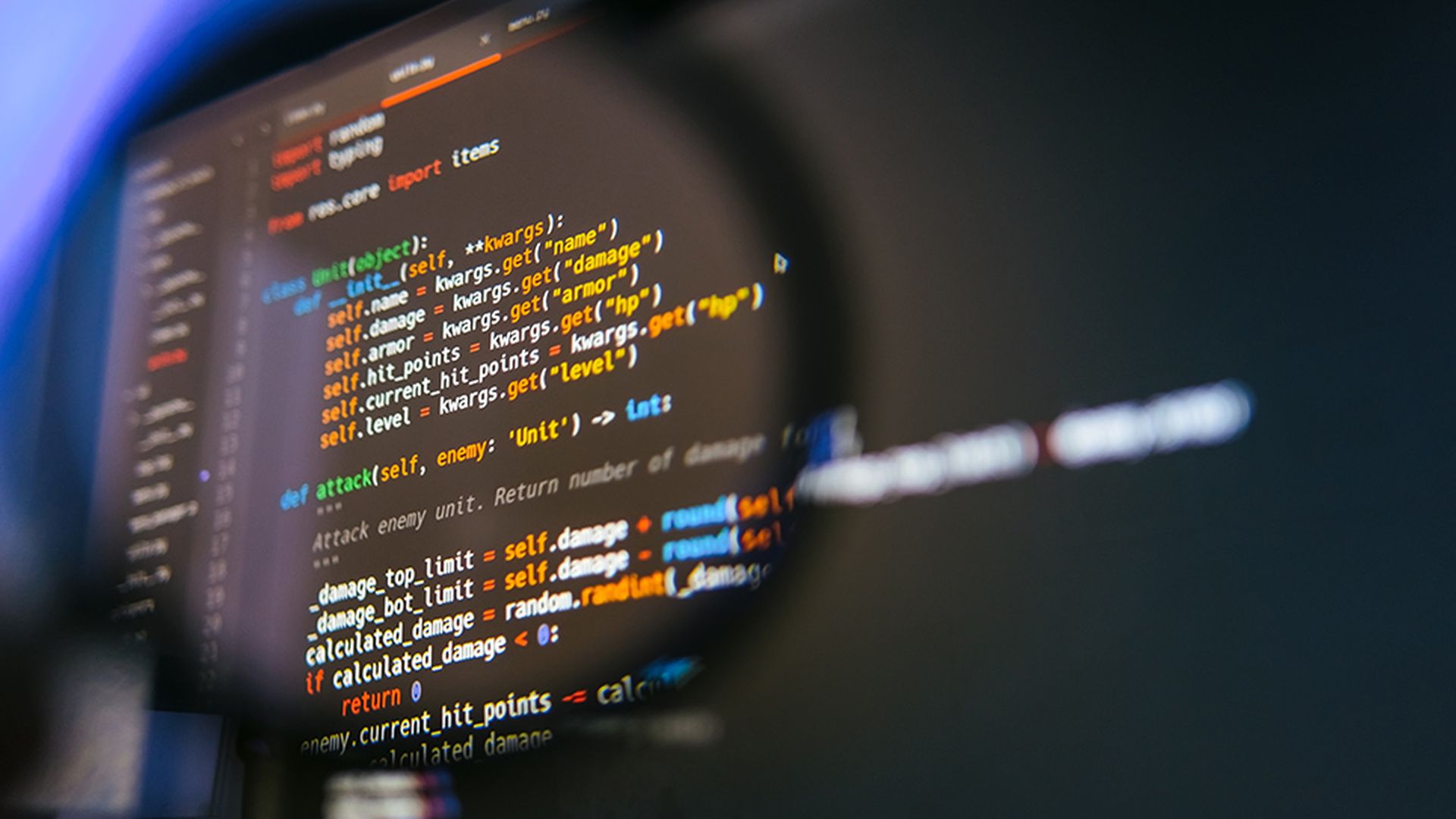 Colorful lines of code seen through a magnifying glass on a dark screen, symbolizing careful debugging, code review, and detailed software quality analysis