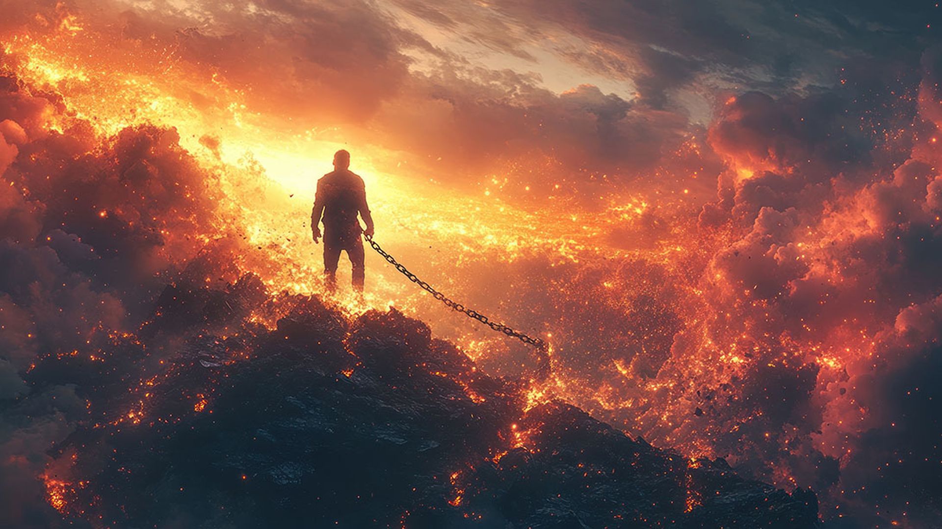 Solitary figure stands on fiery, volcanic landscape, holding a chain, facing a fiery sunset.