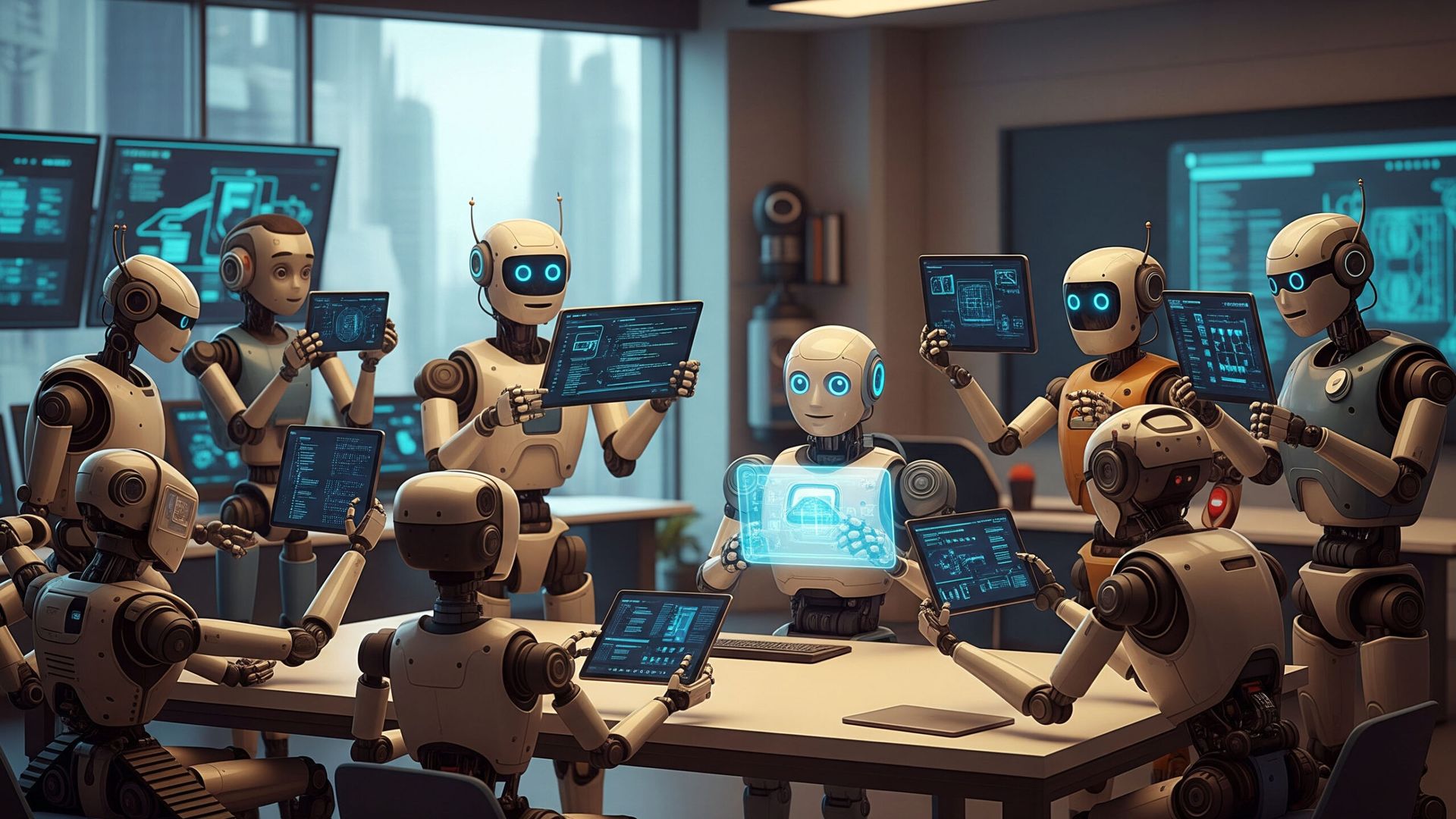 Robot software-engineering students hand in their work to be reviewed by a robot teacher.