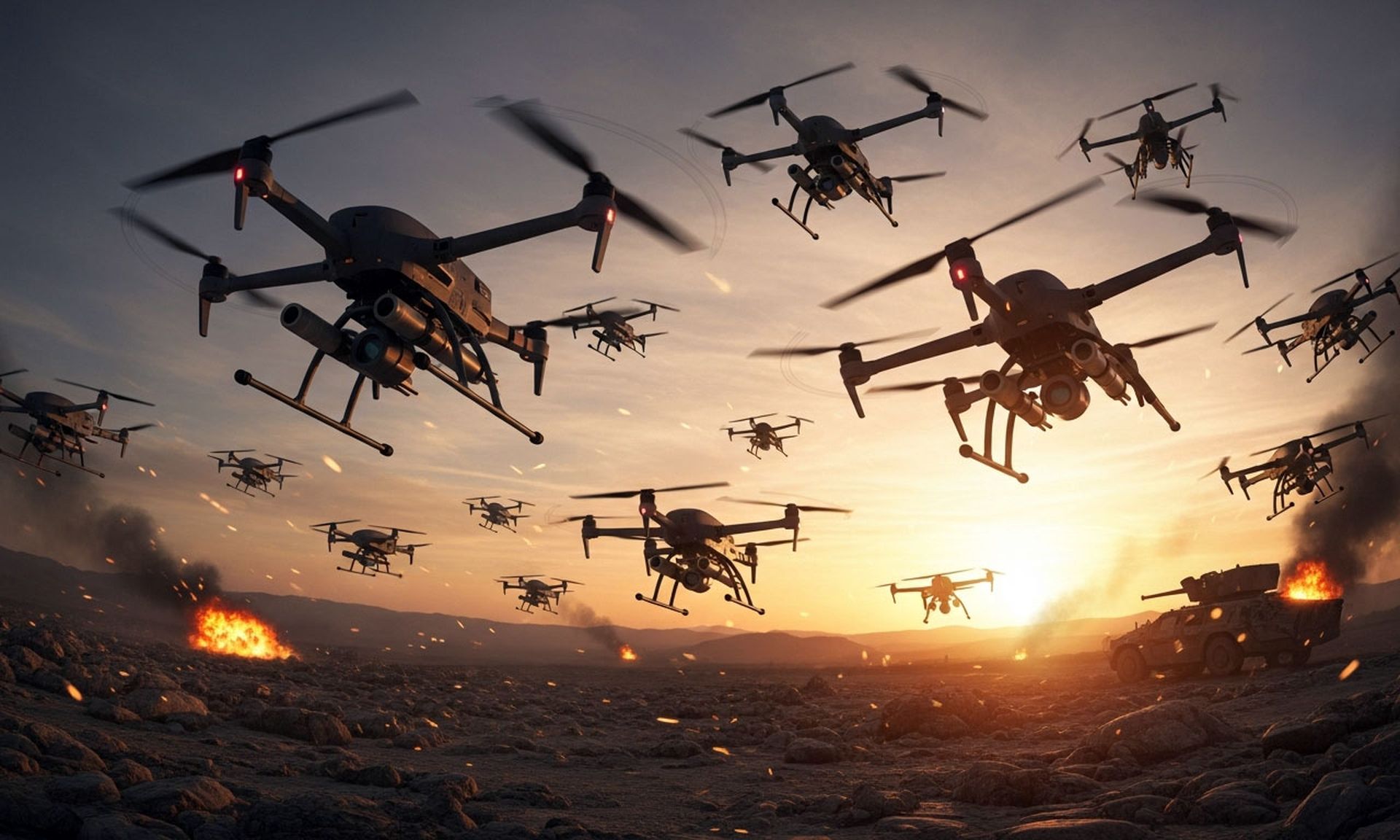 A swarm of militarized quadcopter drones take flight on a modern battlefield.