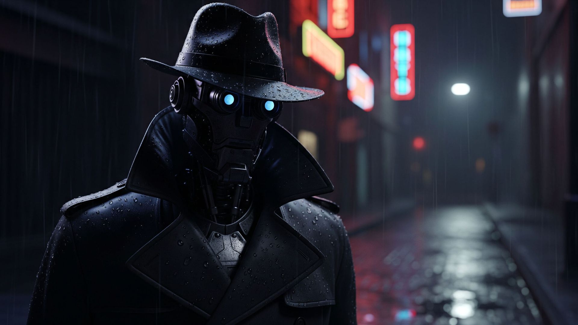 A robot dressed in a 1940s-era fedora and trench coat, lurking in the shadows.