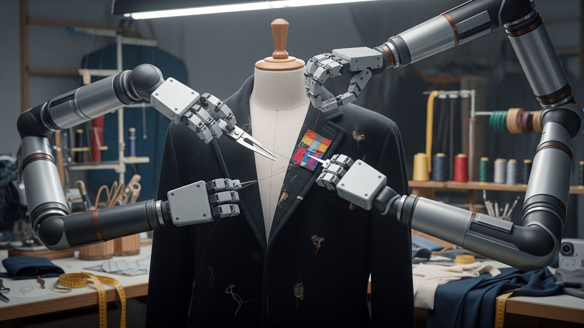 A robot tailor sews patches onto an overcoat with holes.