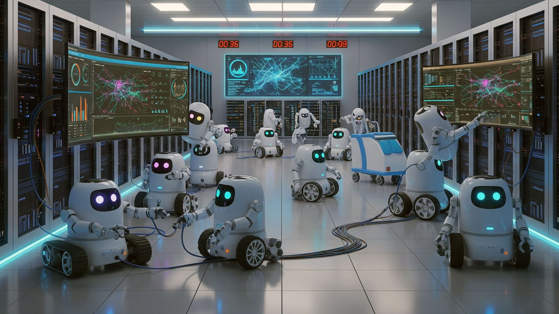 Cute little robots with wheels staffing an IT operations center.