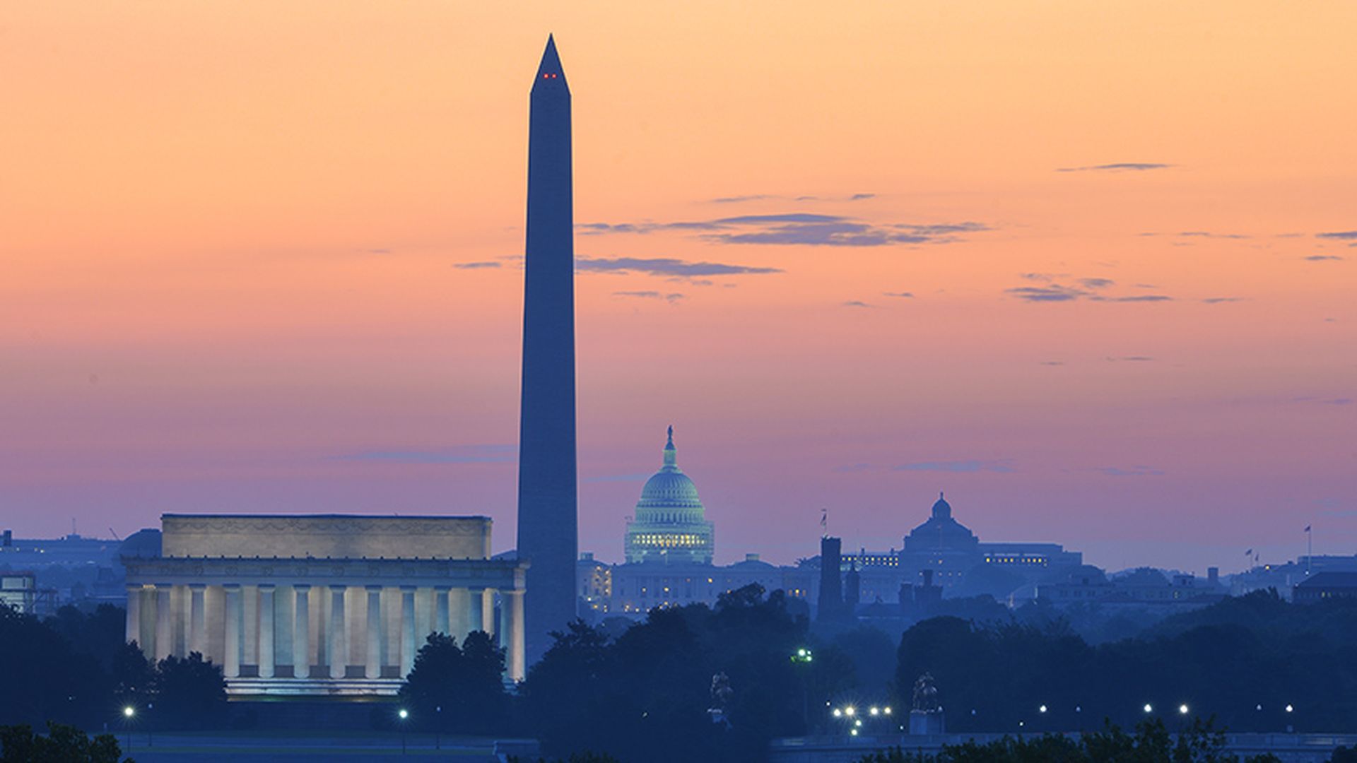 Washington D.C. skyline at night with major monuments in view - Washington D.C. United States of America