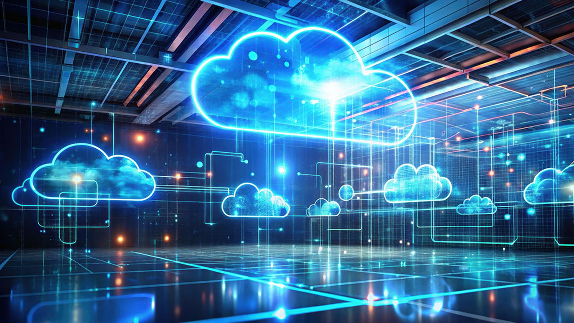 Holographic visualization of a multi-cloud environment showcasing hybrid cloud solutions