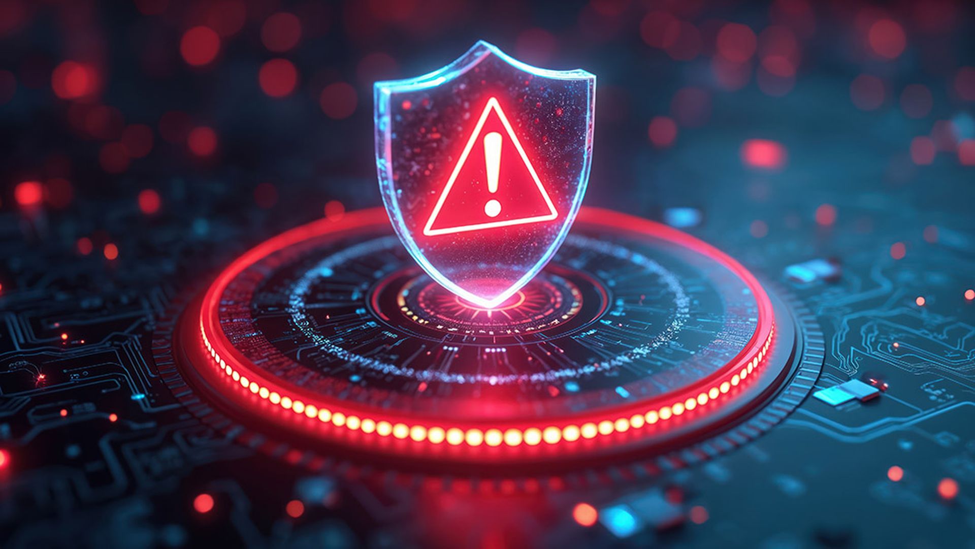 Holographic digital shield with warning sign hovers over glowing circuit board. Cybersecurity threat detection system uses futuristic tech for network protection. Data safety alert.