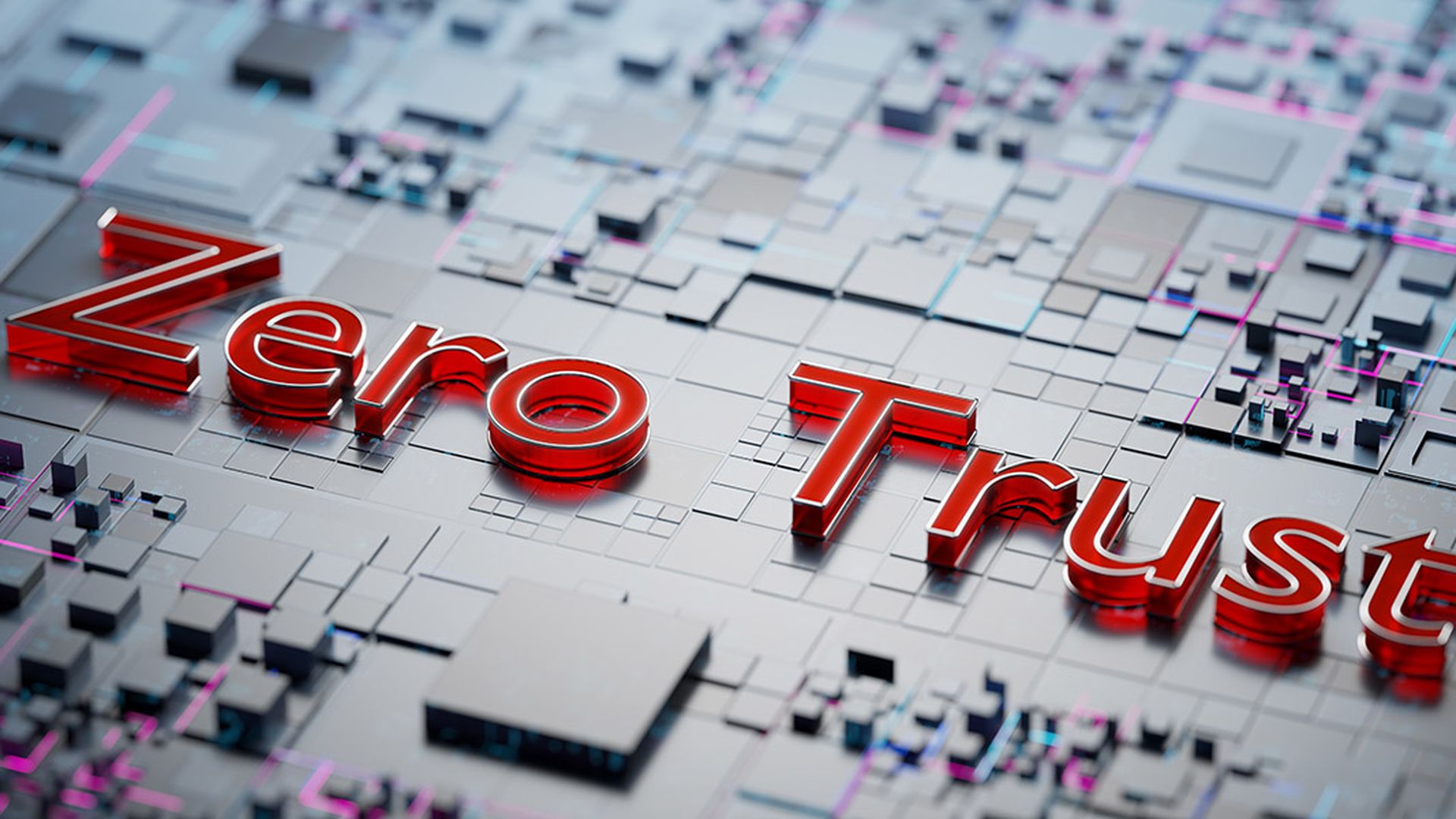 3D illustration of a blue network with icons and the text zero trust written on the front. Black background. Concept of secured network.
