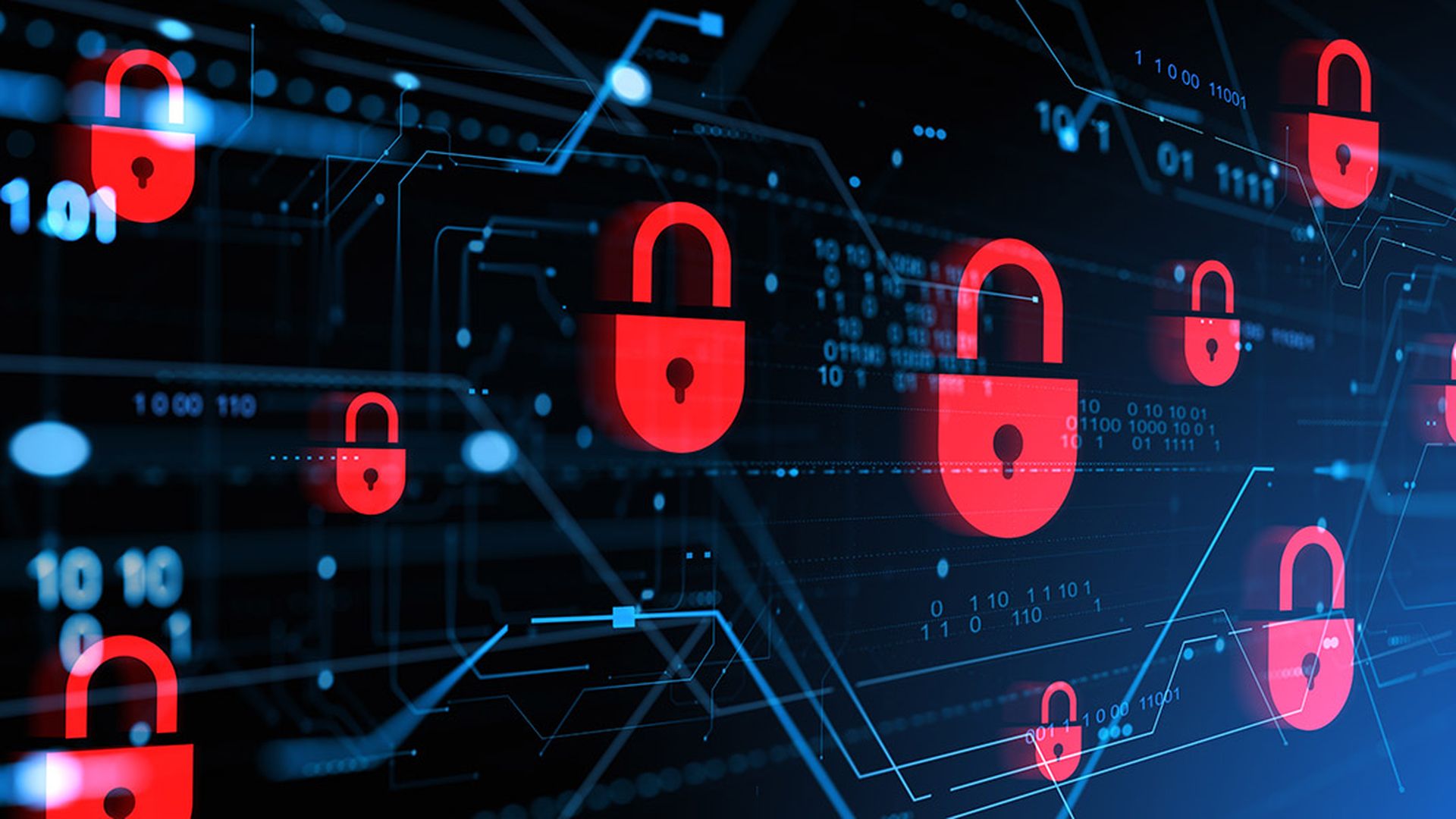 Red padlocks floating in a digital environment representing cybersecurity breach and data protection concept in futuristic cyber space interface. 3D Rendering