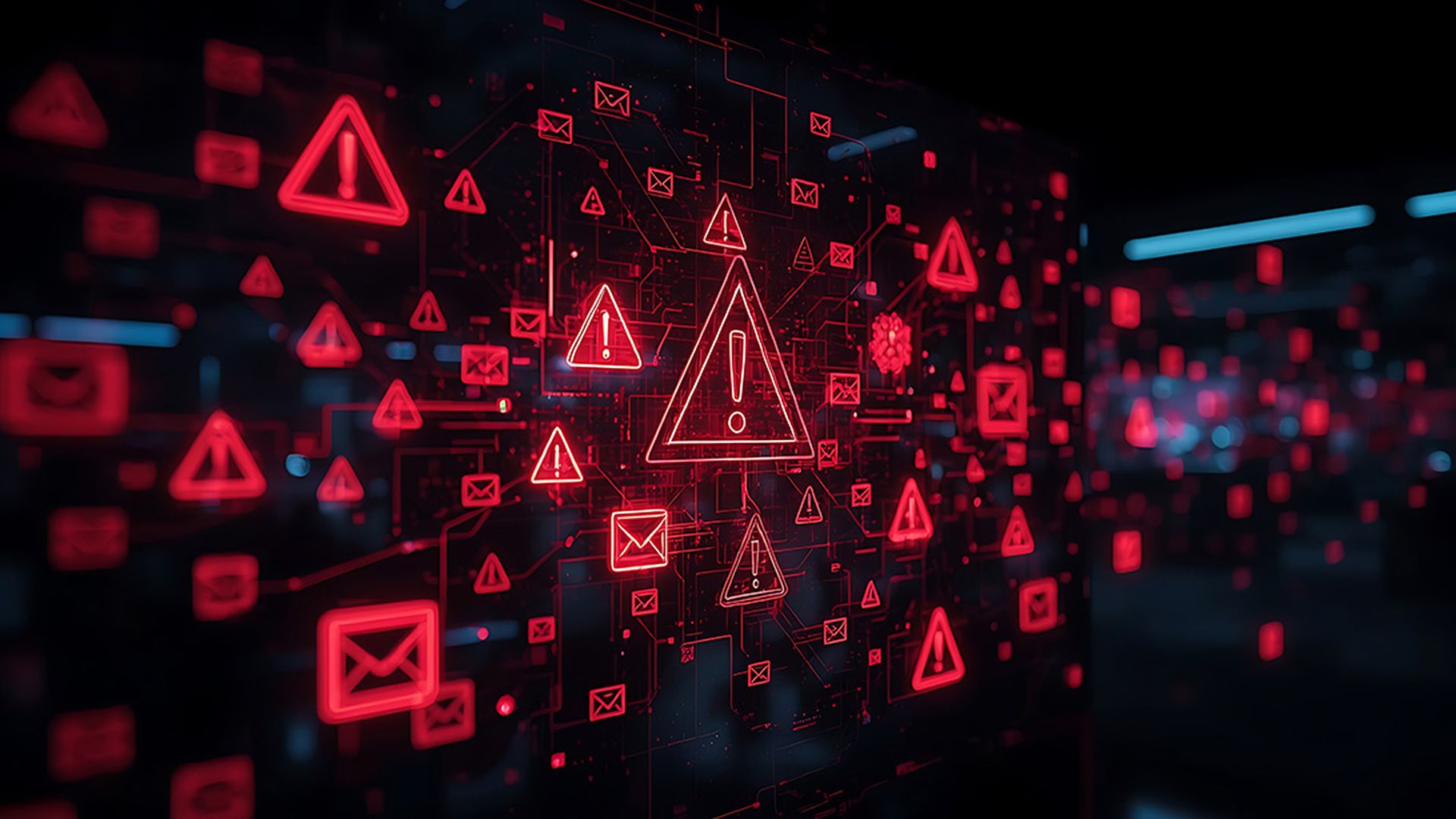 Red alert symbols and email icons floating in a dark digital spa