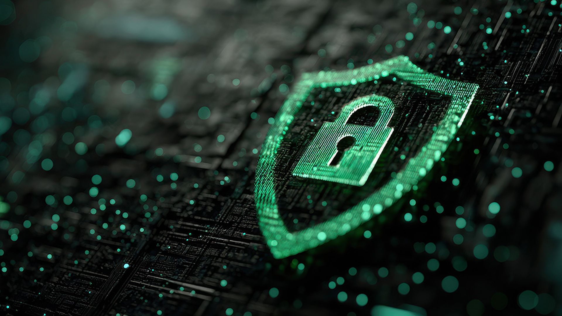 Green shield and padlock symbolizing digital security and data protection in cyber technology