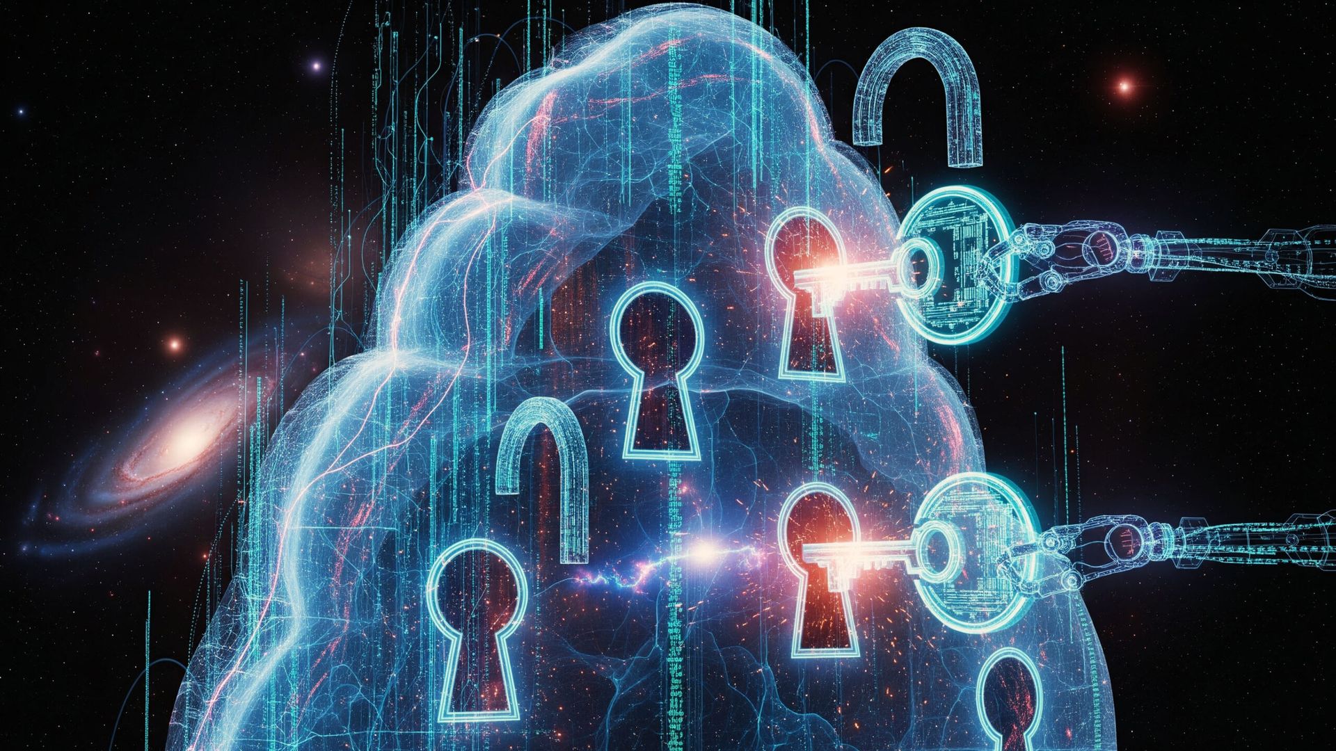 A giant abstracted electronic cloud that is having its locks changed.