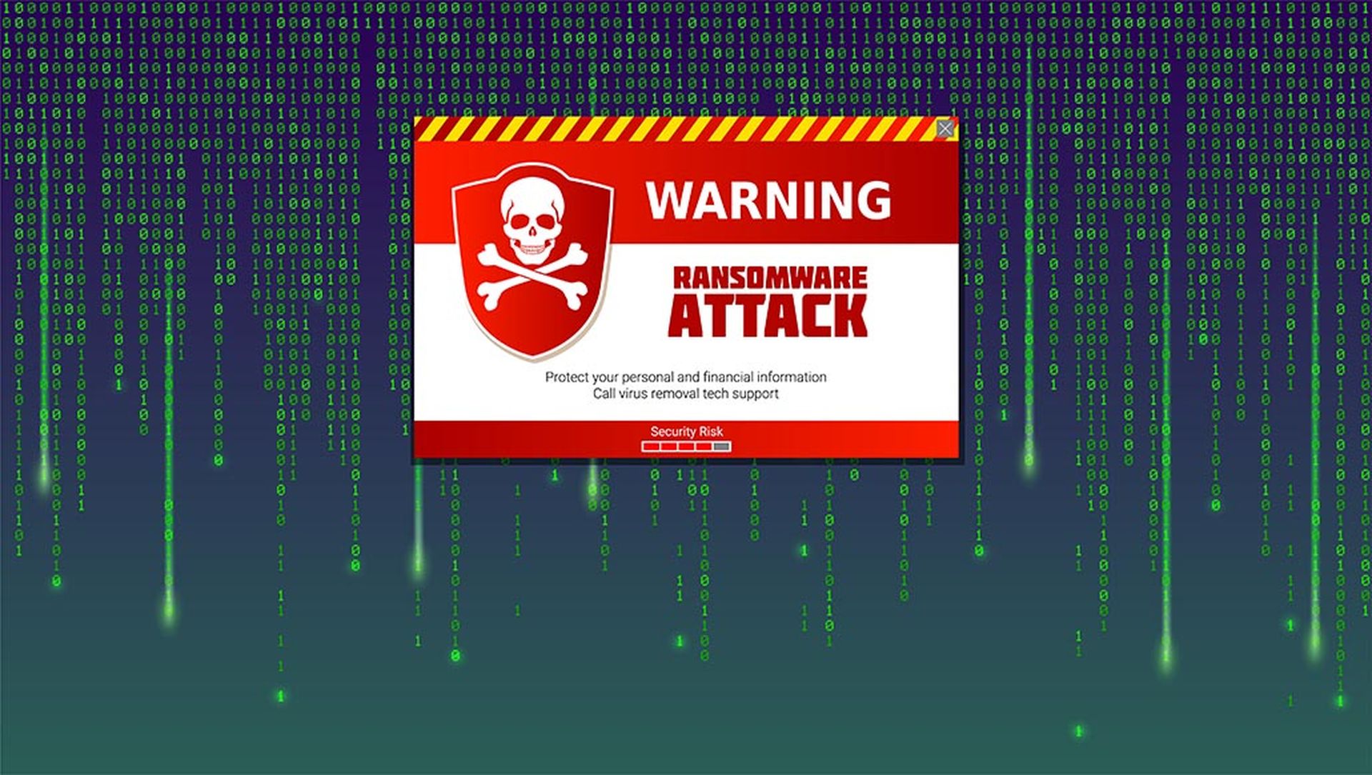 Alert message of virus detected. Ransomware attack, identifying computer virus inside binary code of matrix. Template for concept of security, programming and hacking, decryption and encryption.