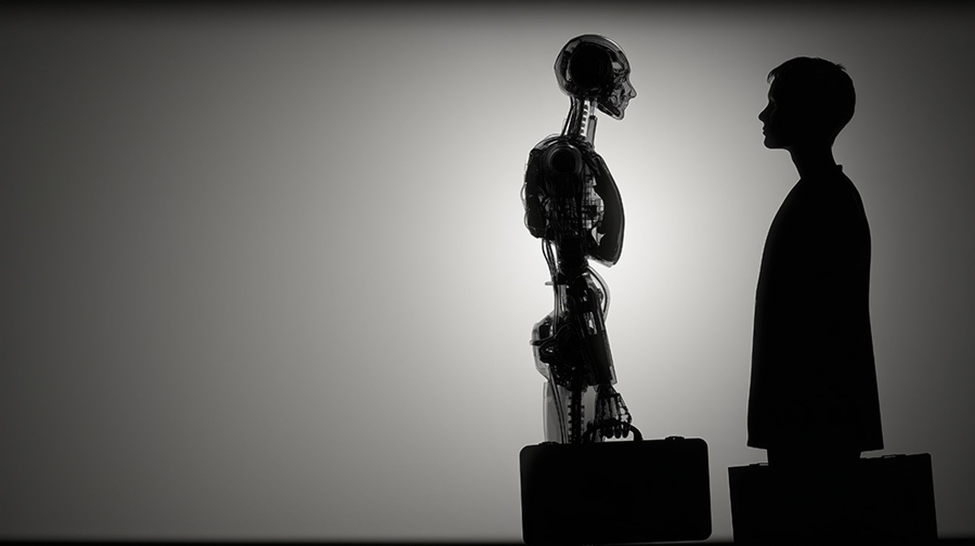 AGI and autonomous AI transforming employment concept, robot replacing humans silhouette with copy space