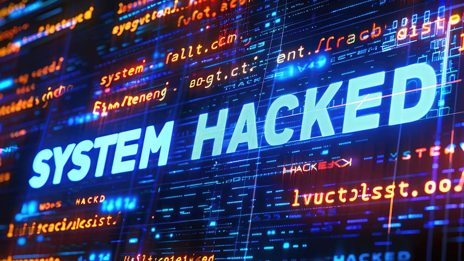 The text "SYSTEM HACKED" was written on a digital screen, against a background of computer code and binary numbers, representing a cyber security concept