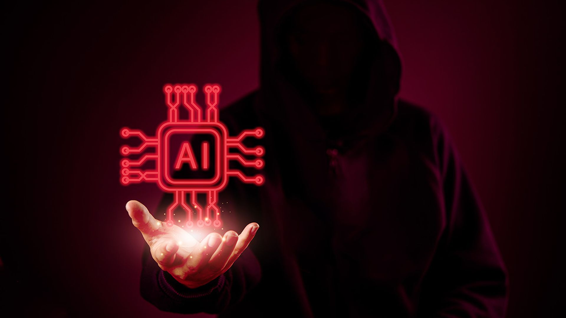 AI hacker holding a glowing red chip symbolizing artificial intelligence in cybercrime, darkweb, and digital technology threat for cybersecurity and malware protection.