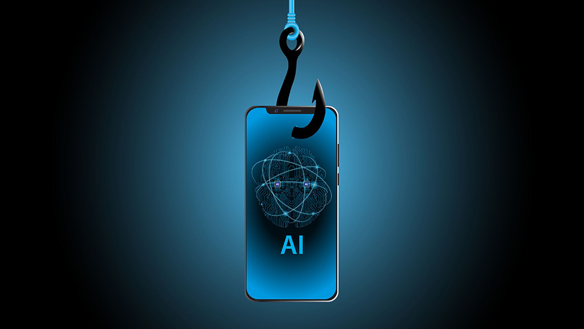 a smartphone hanging on a hook. AI Powered phishing Scams. Cybercrime concept.