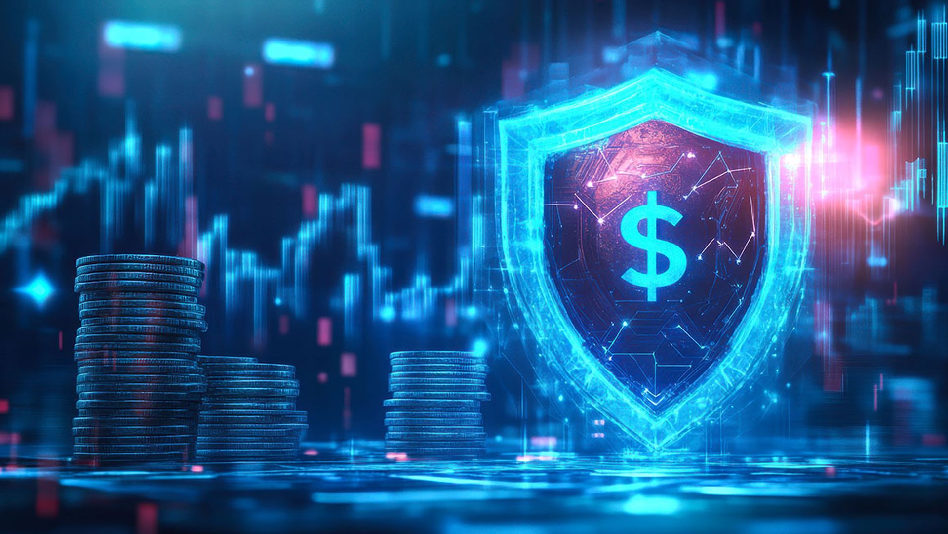 Digital shield symbolizing financial security amidst technology and market trends in a futuristic environment