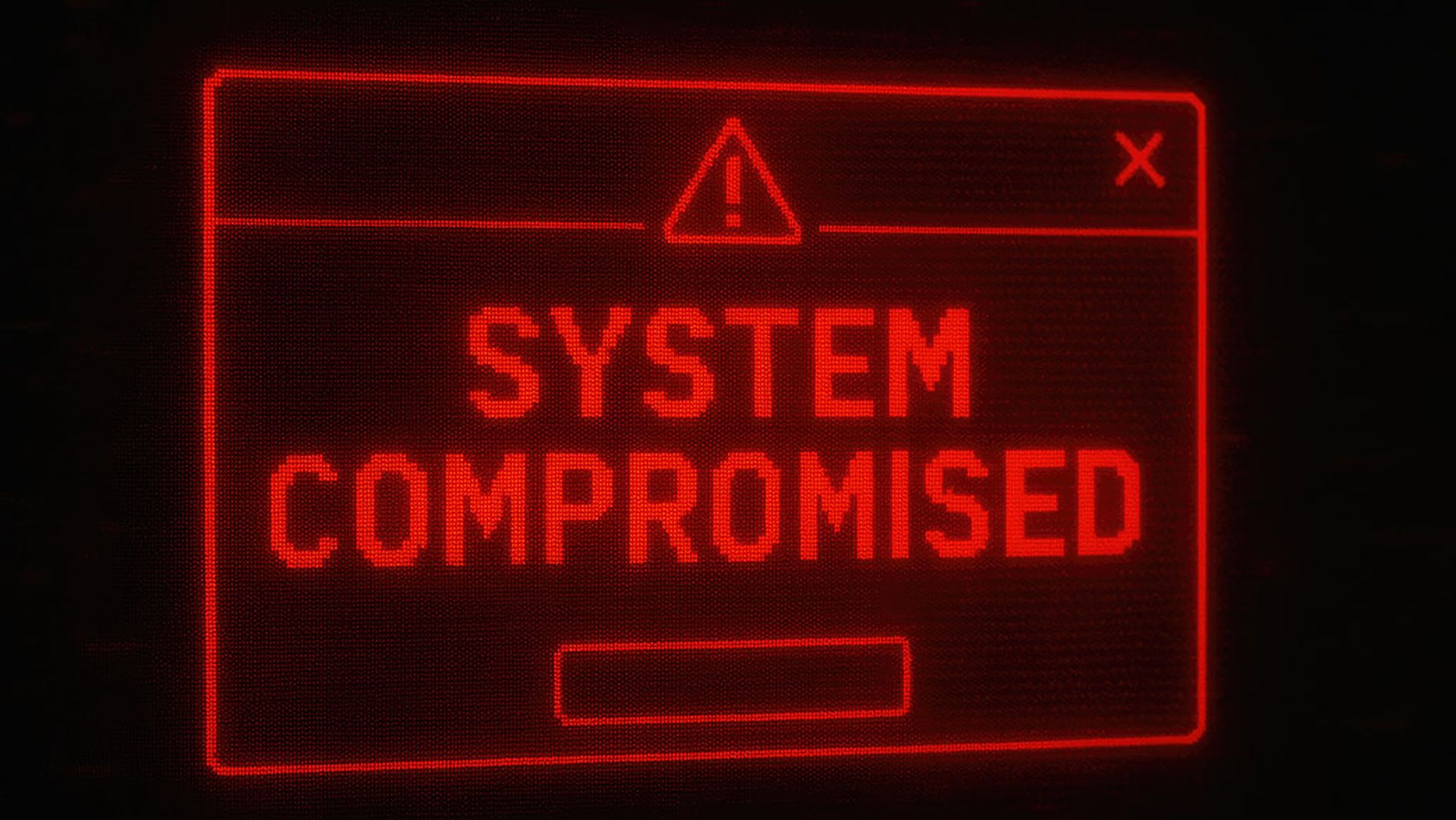 System compromised alert digital warning error message, cyber threat red glow, data breach alert.