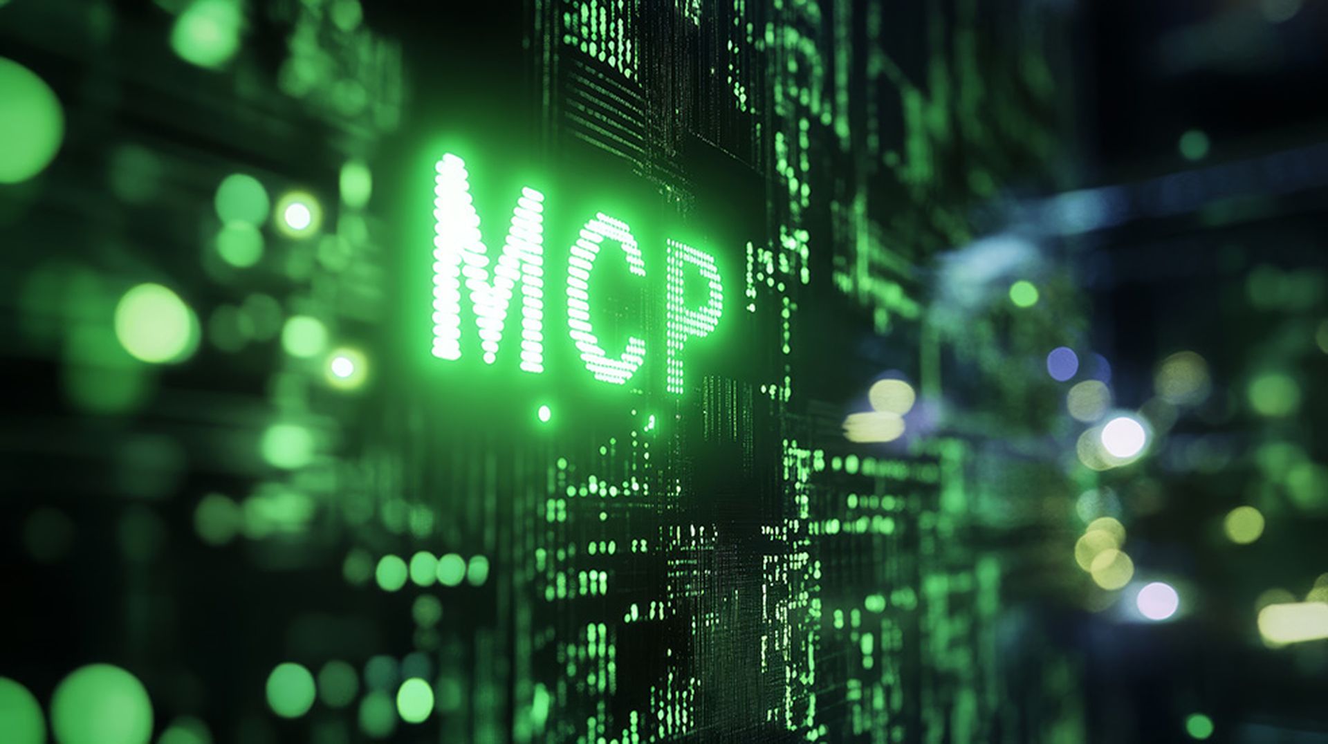 Green glowing MCP text on vintage computer monitor
