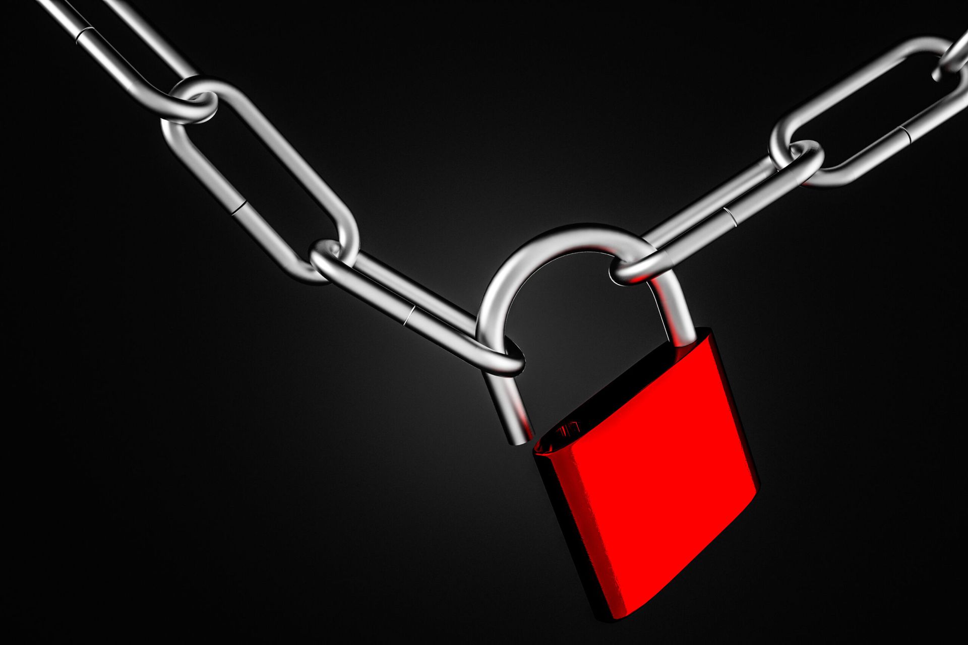 Red and steel open padlock hanging on steel chains over black background. Concept of security and identity theft. 3d rendering