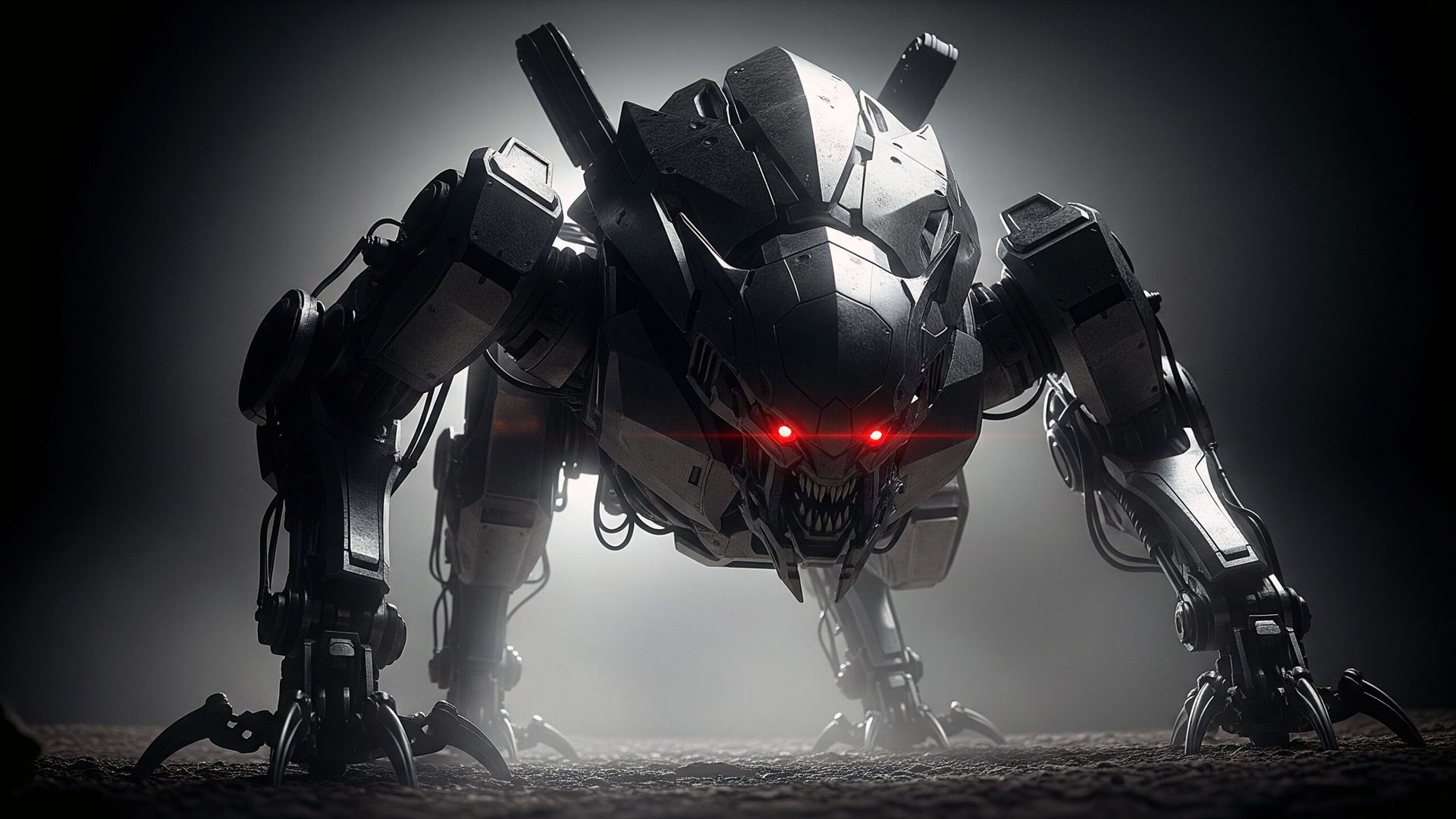 An evil-looking robot on all fours waits in the darkness, ready to pounce.