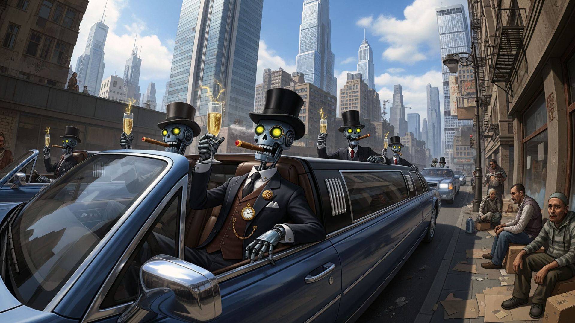 Well-dressed robot tycoons riding in an open-topped limousine on a sunny day enjoy the good life while they drive past impoverished humans.