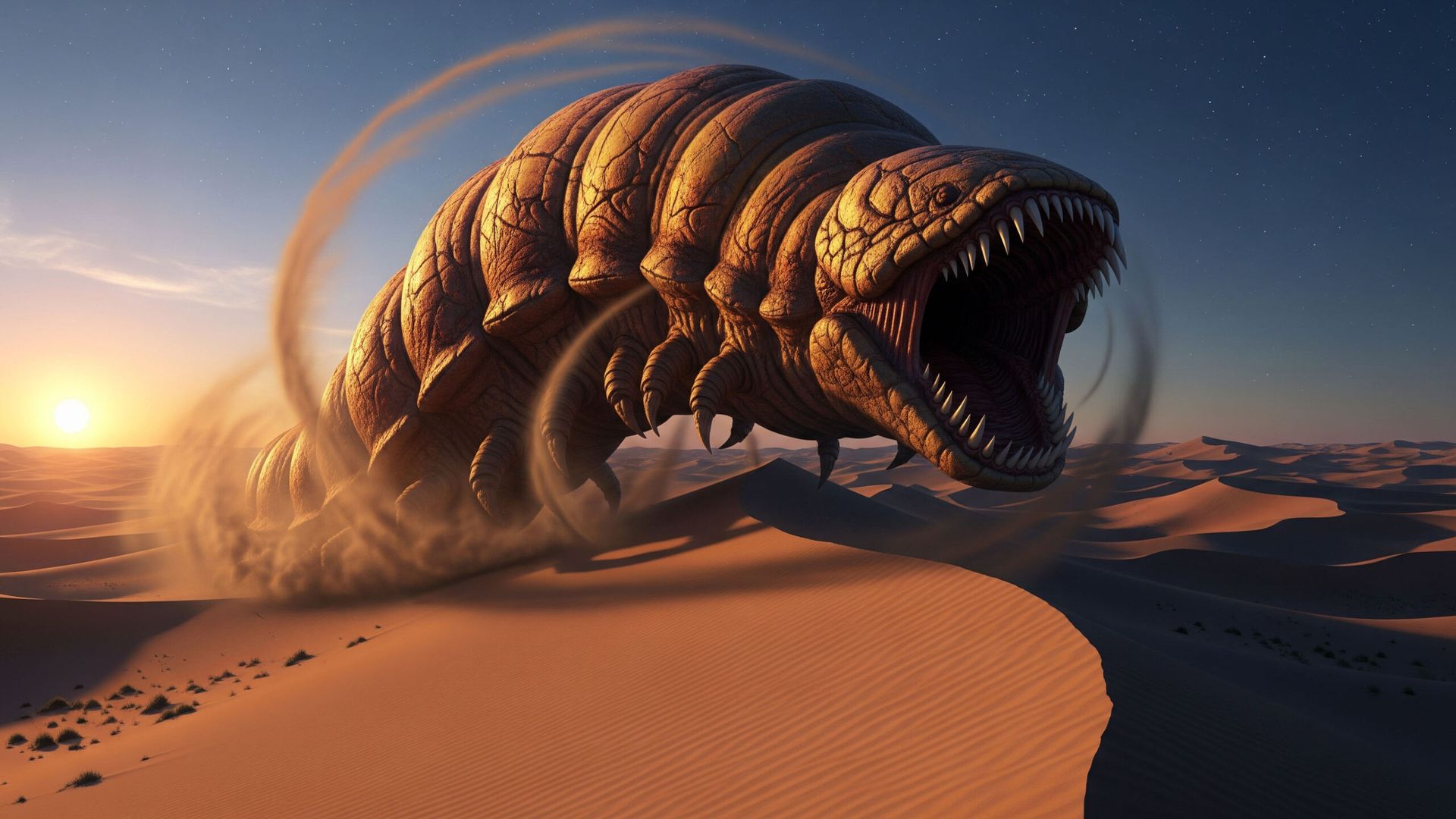 A giant sandworm appears over a desert sand dune.