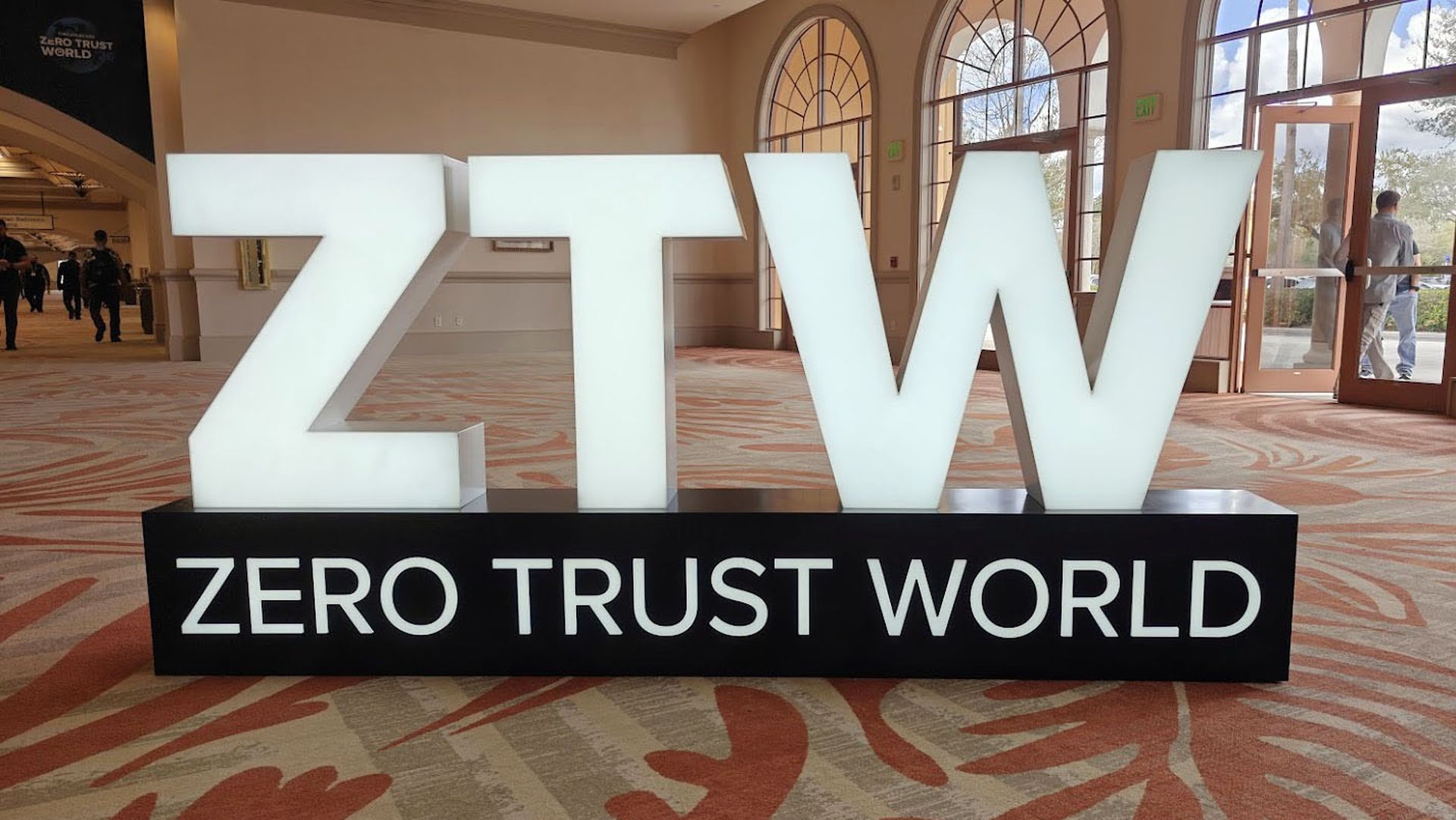 The Zero Trust World logo in the form of a standing sign in the Rosen Shingle Creek resort near Orlando, Florida, March 4, 2026. Credit: Paul Wagenseil/SC Media