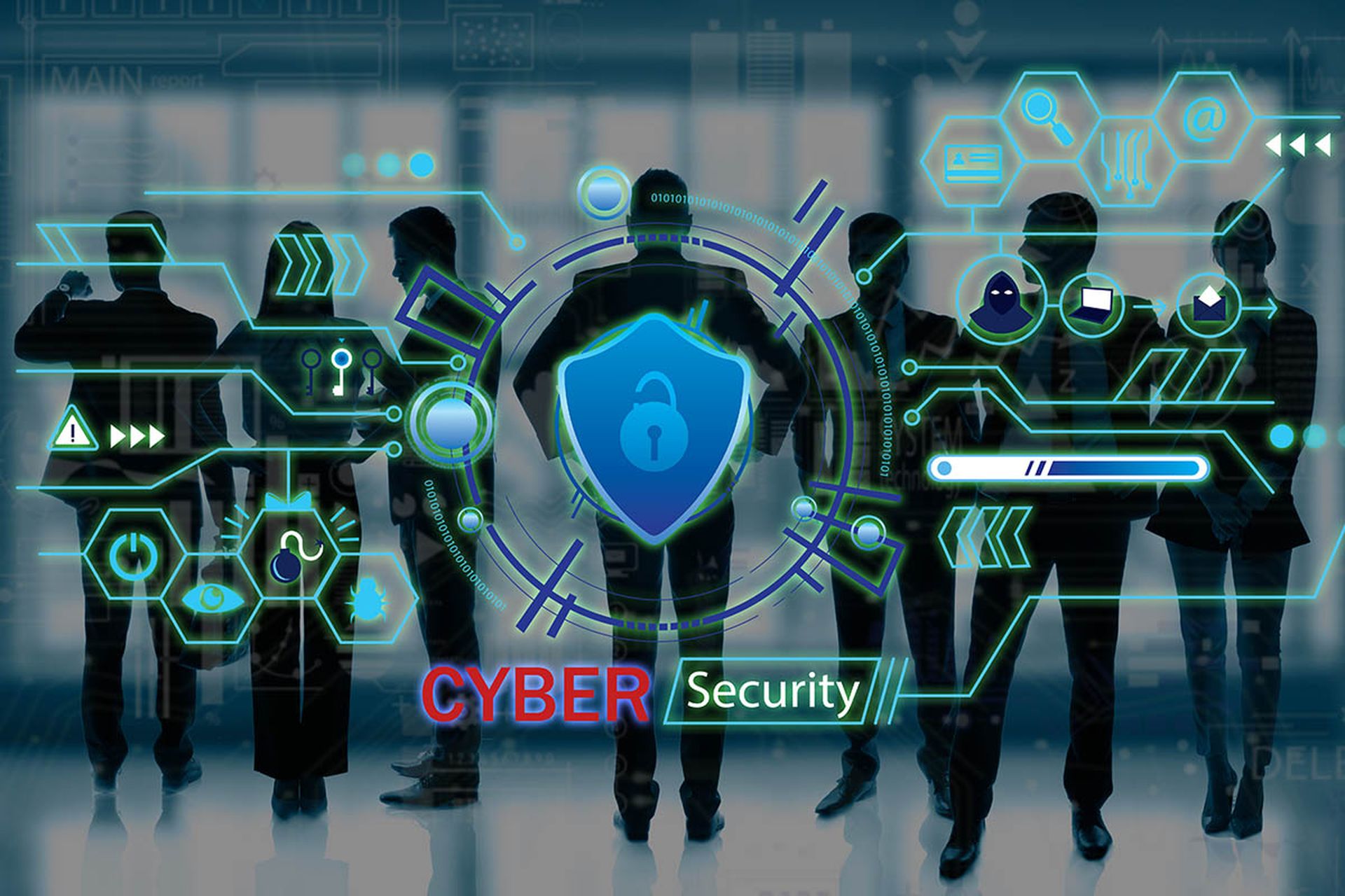 Interface of security system software and silhouettes of business people in office