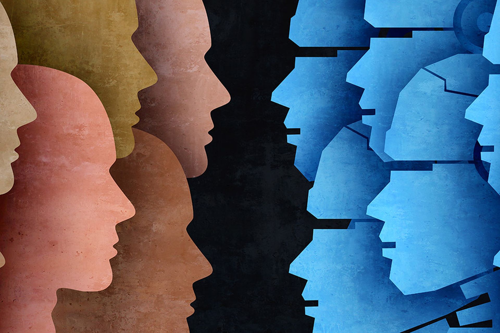 Robots And Humans as AI or Artificial Intelligence facing off as a symbol of future technology and employment or unemployment as automation in society changing the global economy.