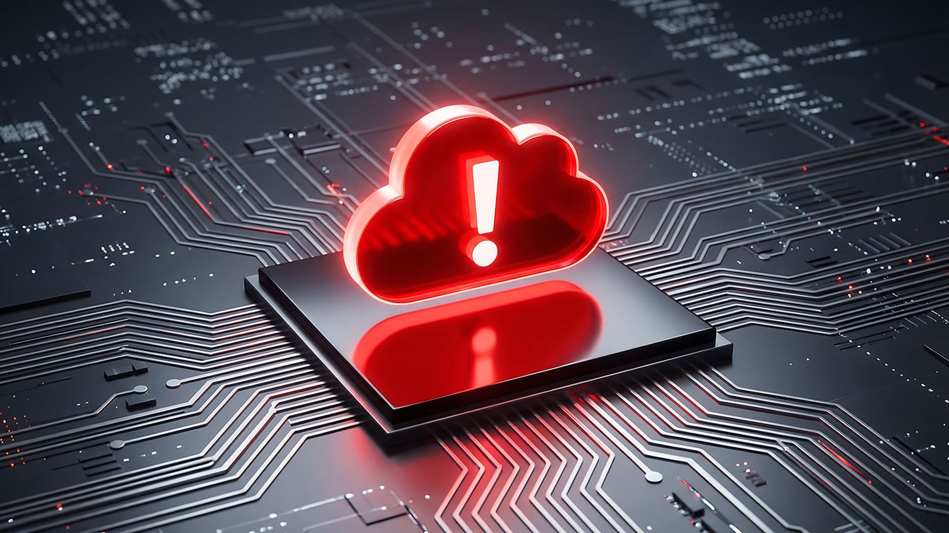 A glowing red cloud icon with an exclamation mark sits on a dark circuit board, symbolizing critical cloud computing error or data risk.