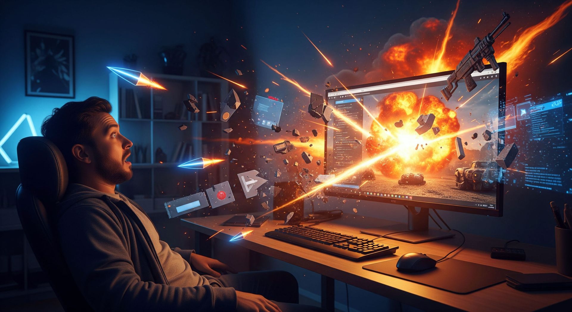 A human computer user watches in dismay as his web browser becomes a violent battlefield.