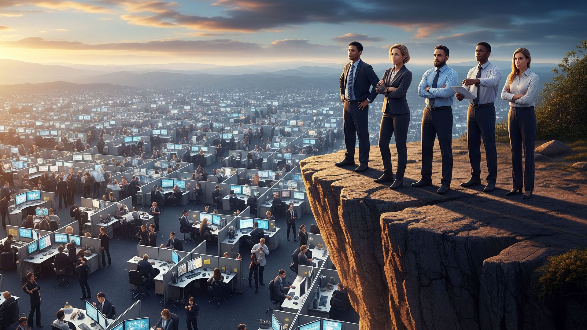 An IT team standing on a cliff looking over a landscape full of busy workplace computer users.